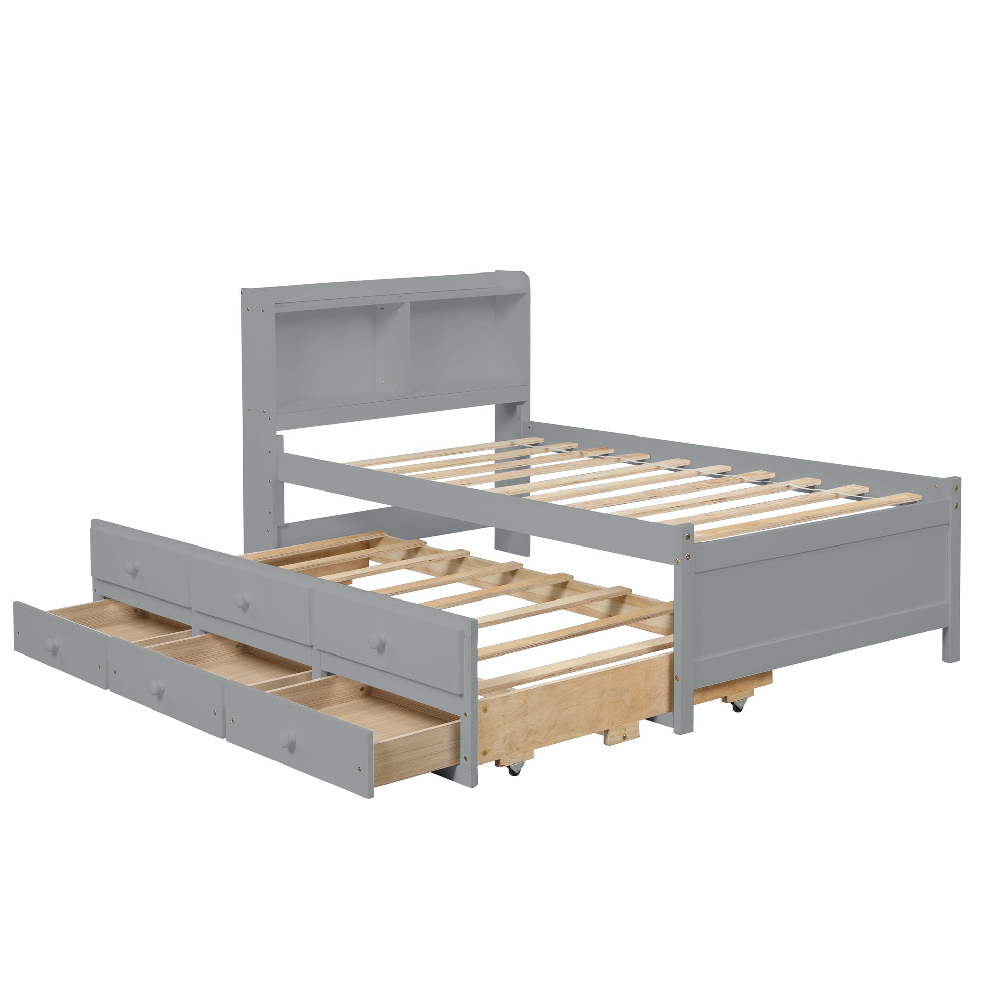 Twin Bed With Twin Trundle,Drawers,Grey Twin Grey Pine