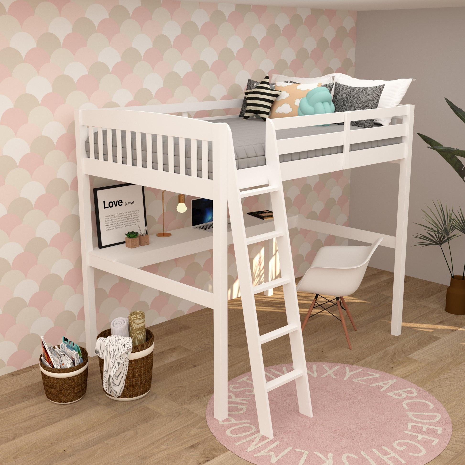 Everest White High Loft Bed With Desk And Storage, Heavy Duty Solid Wood Full Size Loft Bed Frame With Stairs For Kids And Toddlers, No Box Spring Needed White Solid Wood