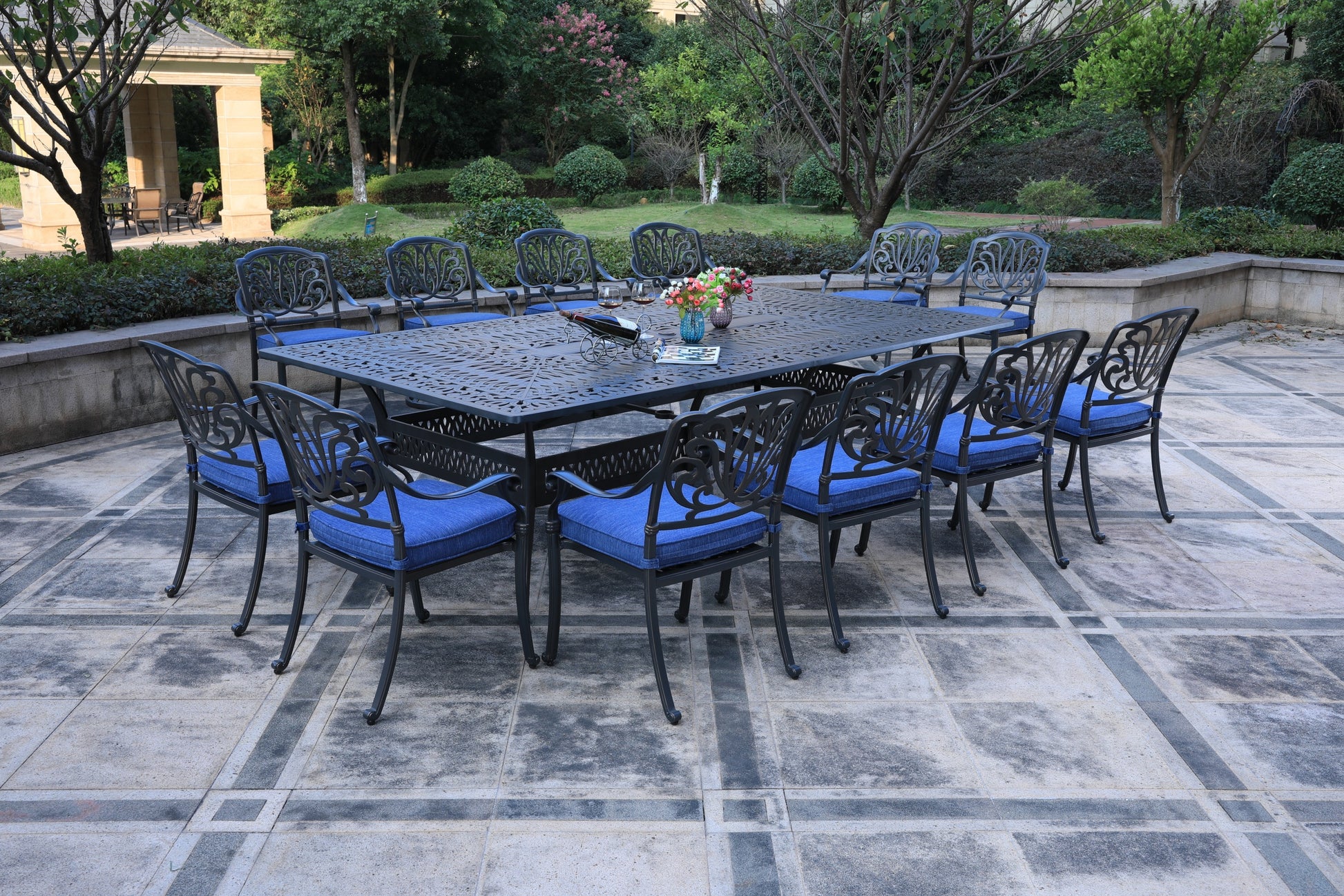 Rectangular 12 Person 108.07" Long Dining Set With Cushions Gray Navy Polyester Aluminum