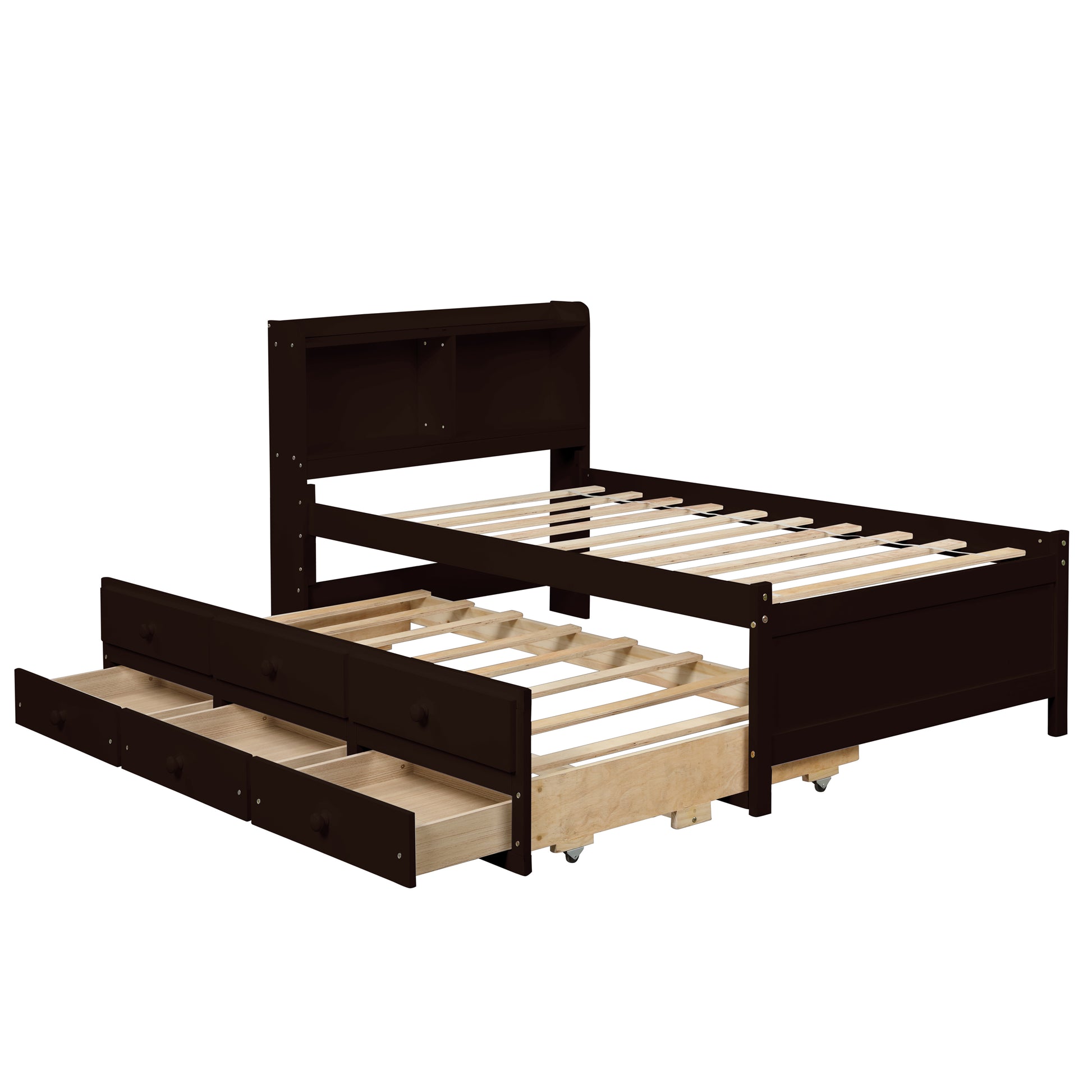 Twin Bed With Bookcase,Twin Trundle,Drawers,Espresso Twin Espresso Pine