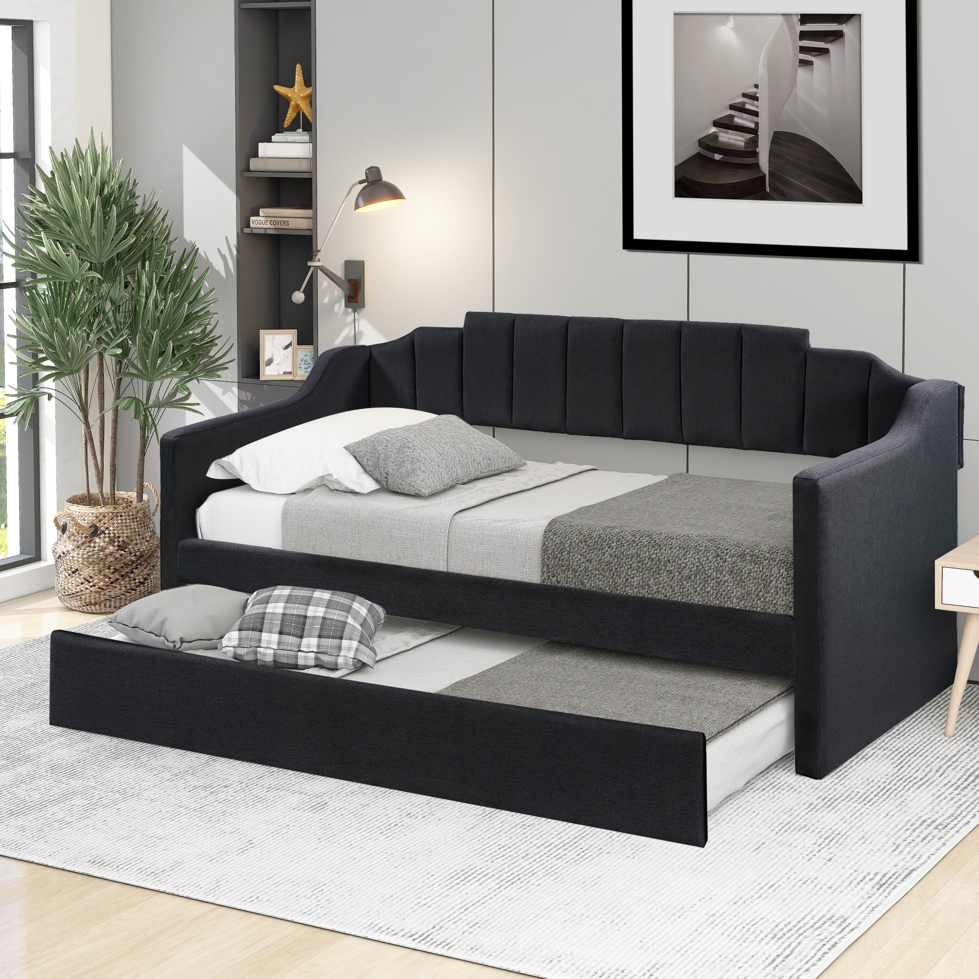 Upholstered Twin Daybed With Trundle,Black Black Upholstered