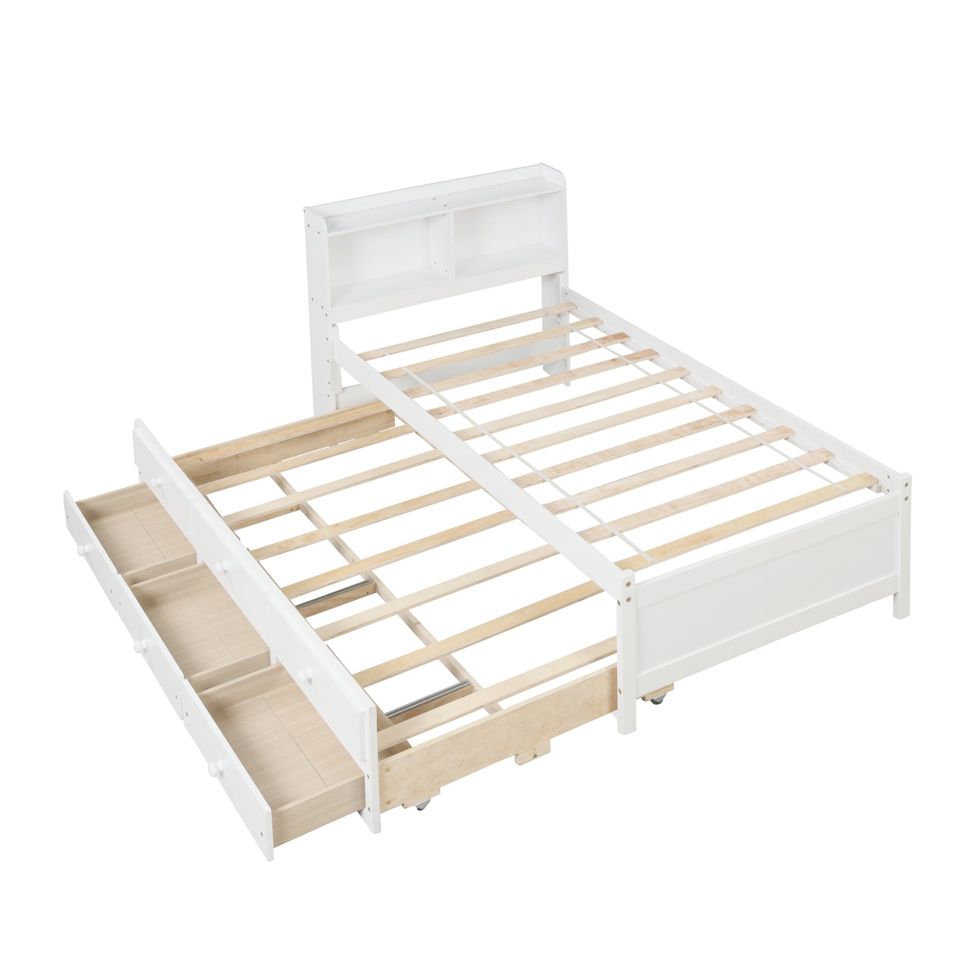 Twin Bed With Bookcase,Twin Trundle,Drawers,White Twin White Pine