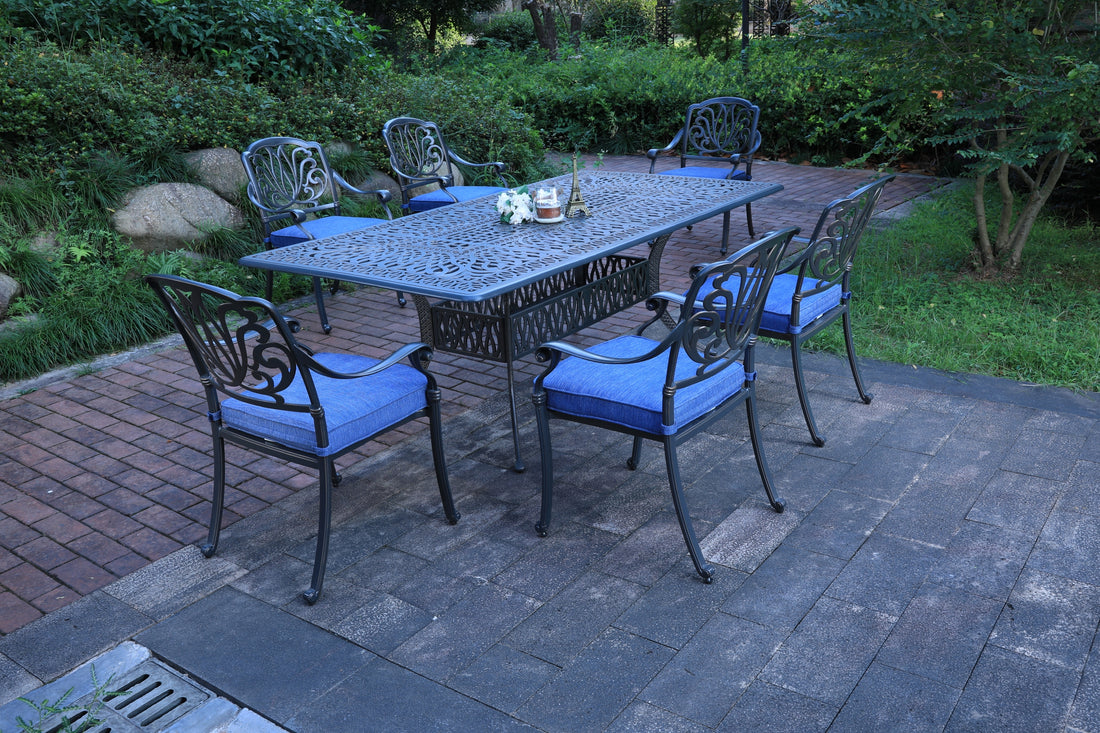 Rectangular 6 Person 84.25" Long Dining Set With Cushions Gray Navy Polyester Aluminum