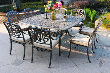 Square 8 Person 64" Long Aluminum Dining Set With Sunbrella Cushions Grey Ivory Polyester Aluminum