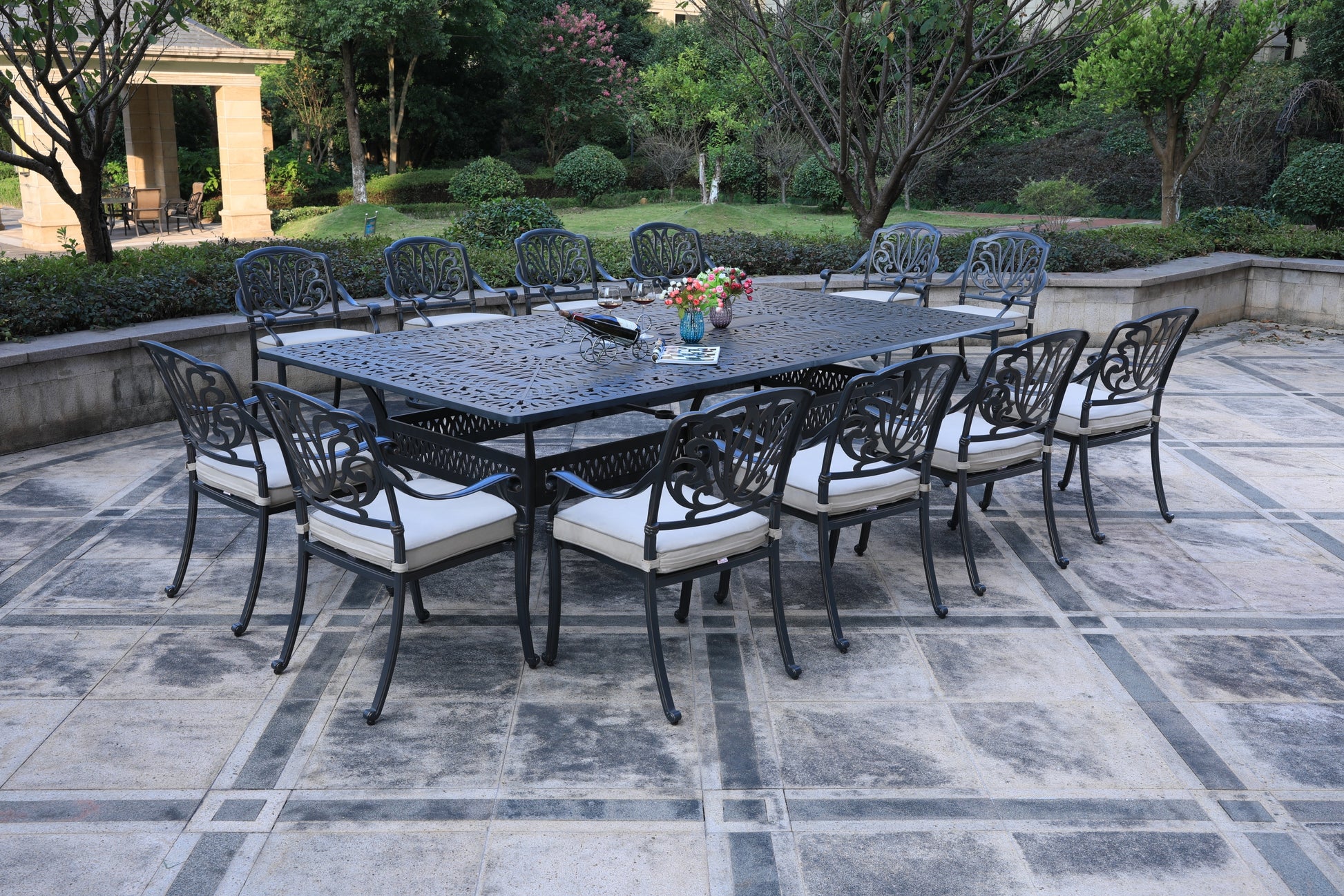 Rectangular 12 Person 108.07" Long Dining Set With Sunbrella Cushions Grey Ivory Polyester Aluminum