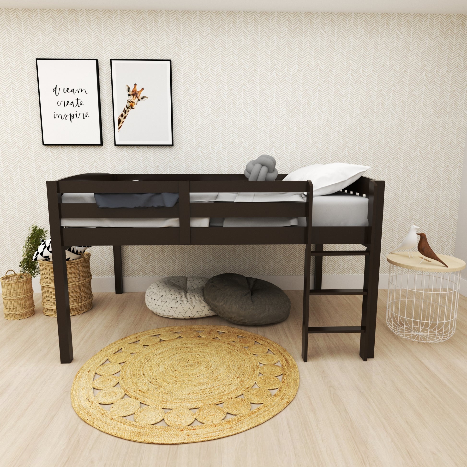 Elbruslow Cappucinno Loft Bed With Storage, Space Saver Full Size Kids Loft Bed With Stairs For Toddlers Assembled In Sturdy Solid Wood, No Box Spring Needed. Cappuccino Solid Wood