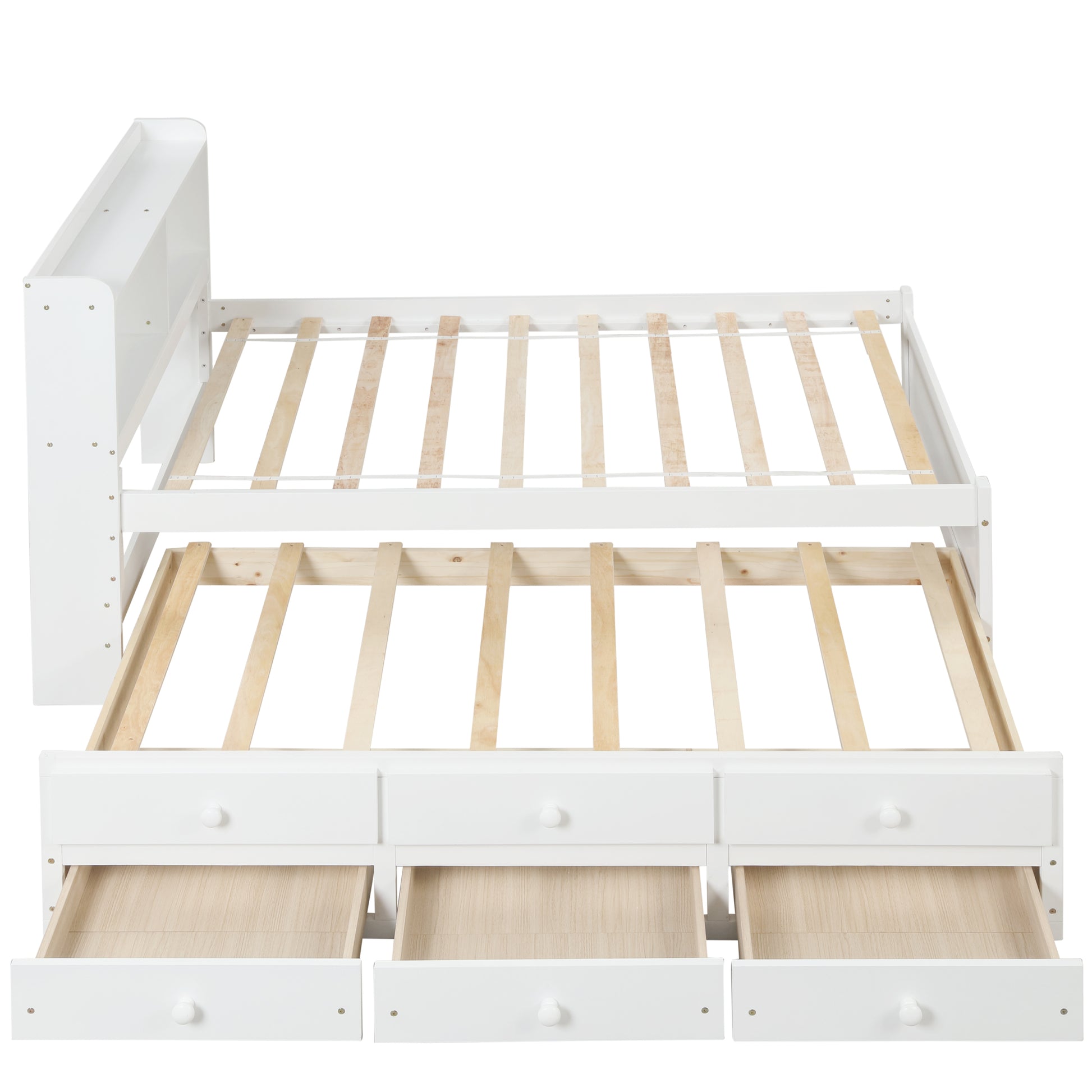 Twin Bed With Bookcase,Twin Trundle,Drawers,White Twin White Pine