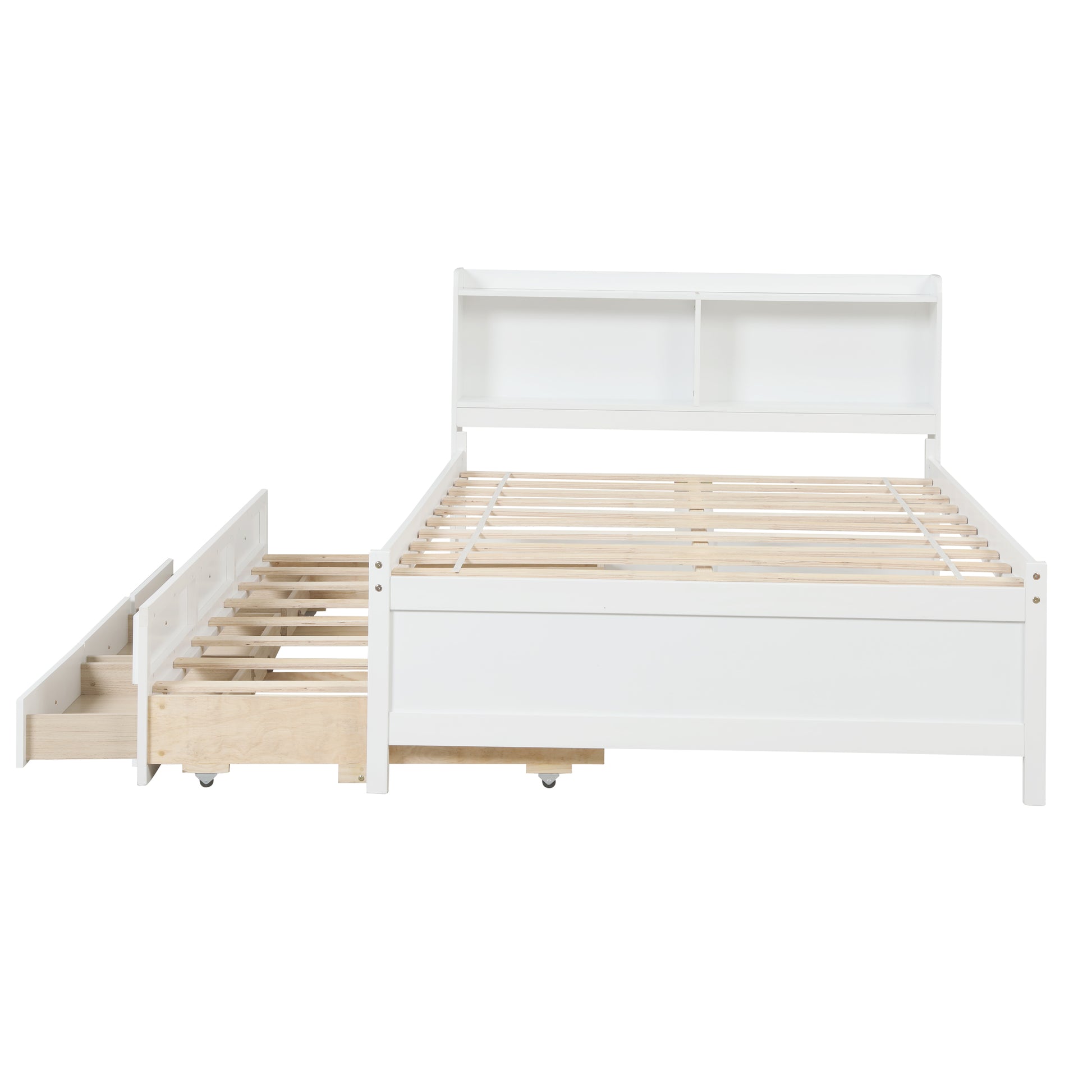 Full Bed With Bookcase,Twin Trundle,Drawers,White Full White Pine