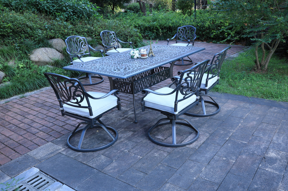 Rectangular 6 Person 84.25" Long Aluminum Dining Set With Cushions Dark Gray White Polyester Aluminum