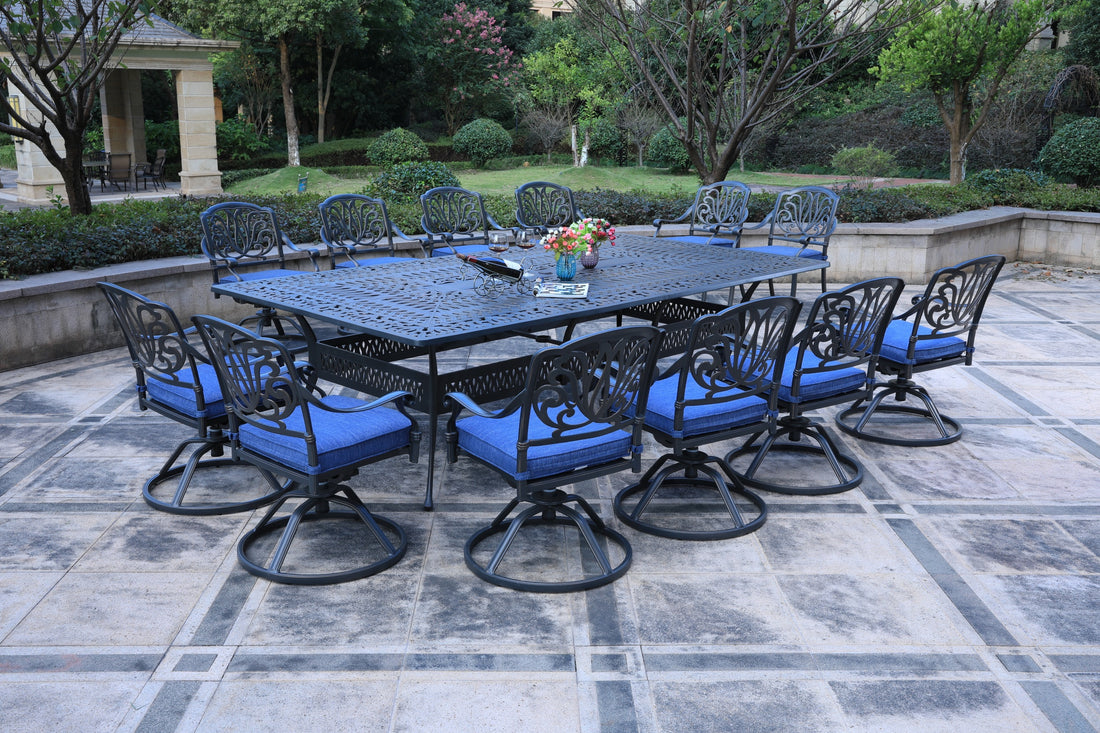 Rectangular 12 Person 108.07" Long Dining Set With Cushions Gray Navy Polyester Aluminum