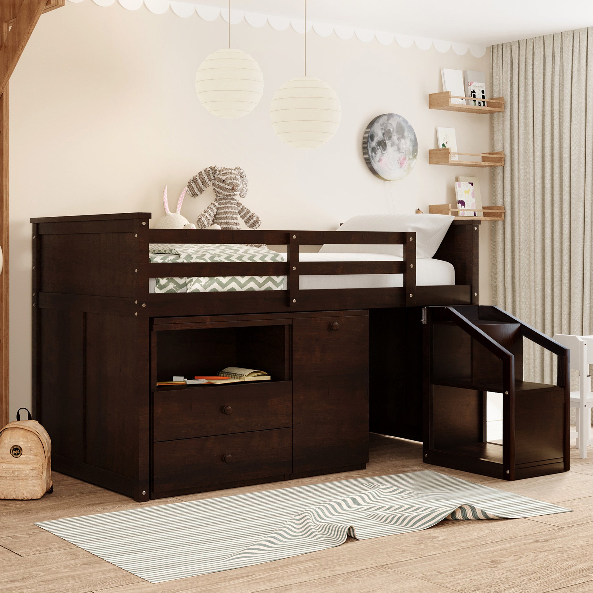 Loft Bed Low Study Twin Size Loft Bed With Storage Steps And Portable,Desk,Espresso Old Sku: Lt000101Aap Espresso Solid Wood