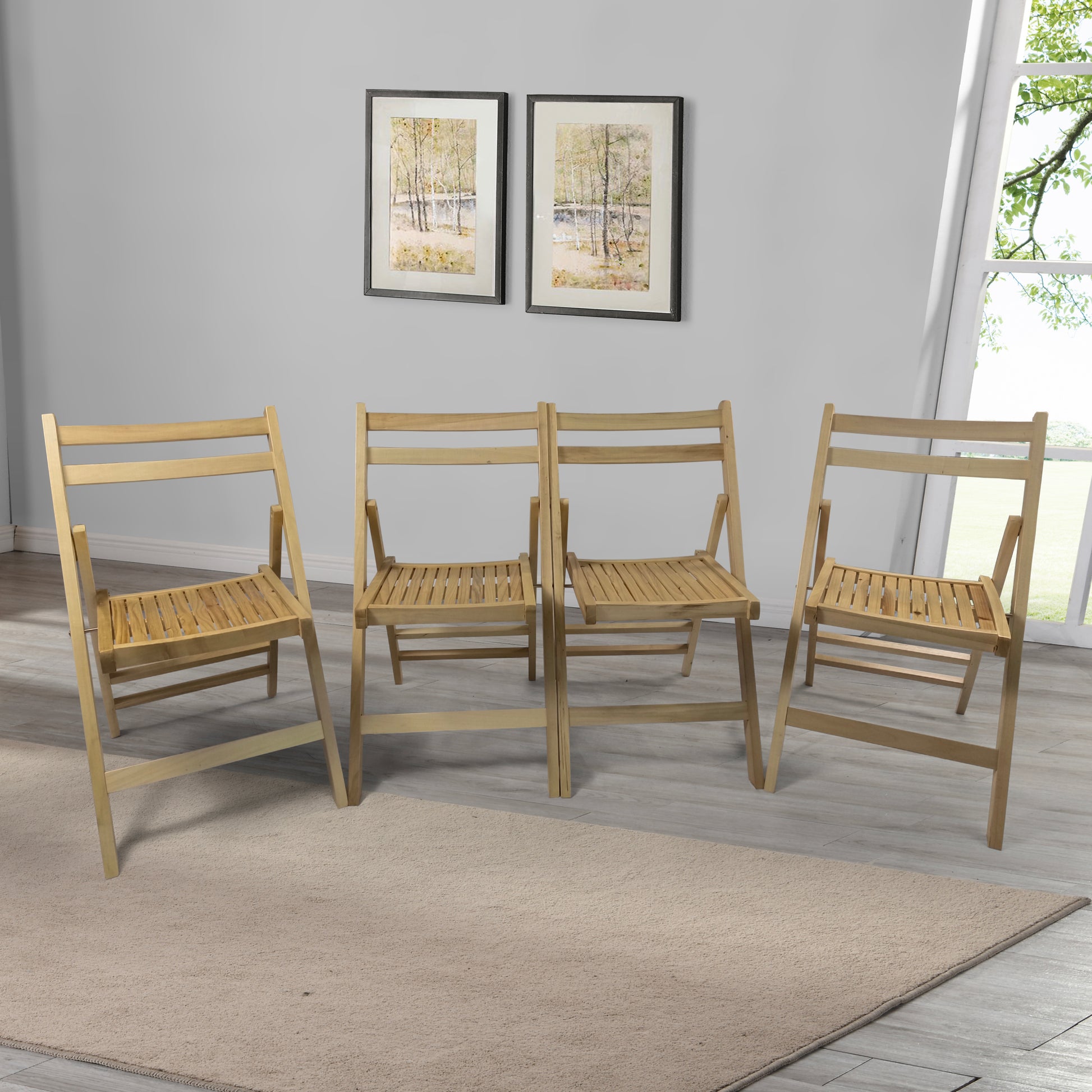 Furniture Slatted Wood Folding Special Event Chair Wood, Set Of 4, Folding Chair, Foldable Style Natural Solid Wood