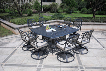 Square 8 Person 64" Long Aluminum Dining Set With Sunbrella Cushions Grey Ivory Polyester Aluminum