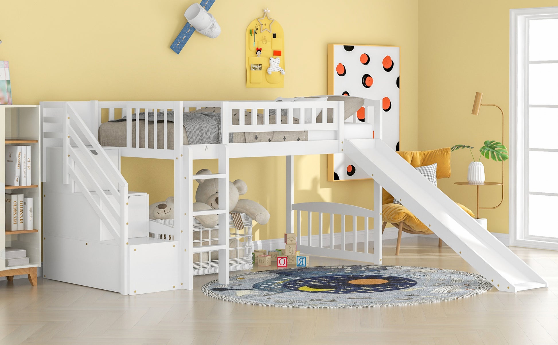 Stairway Twin Size Loft Bed With Two Drawers And Slide, White Old Sku:Lp000515Aak White Solid Wood