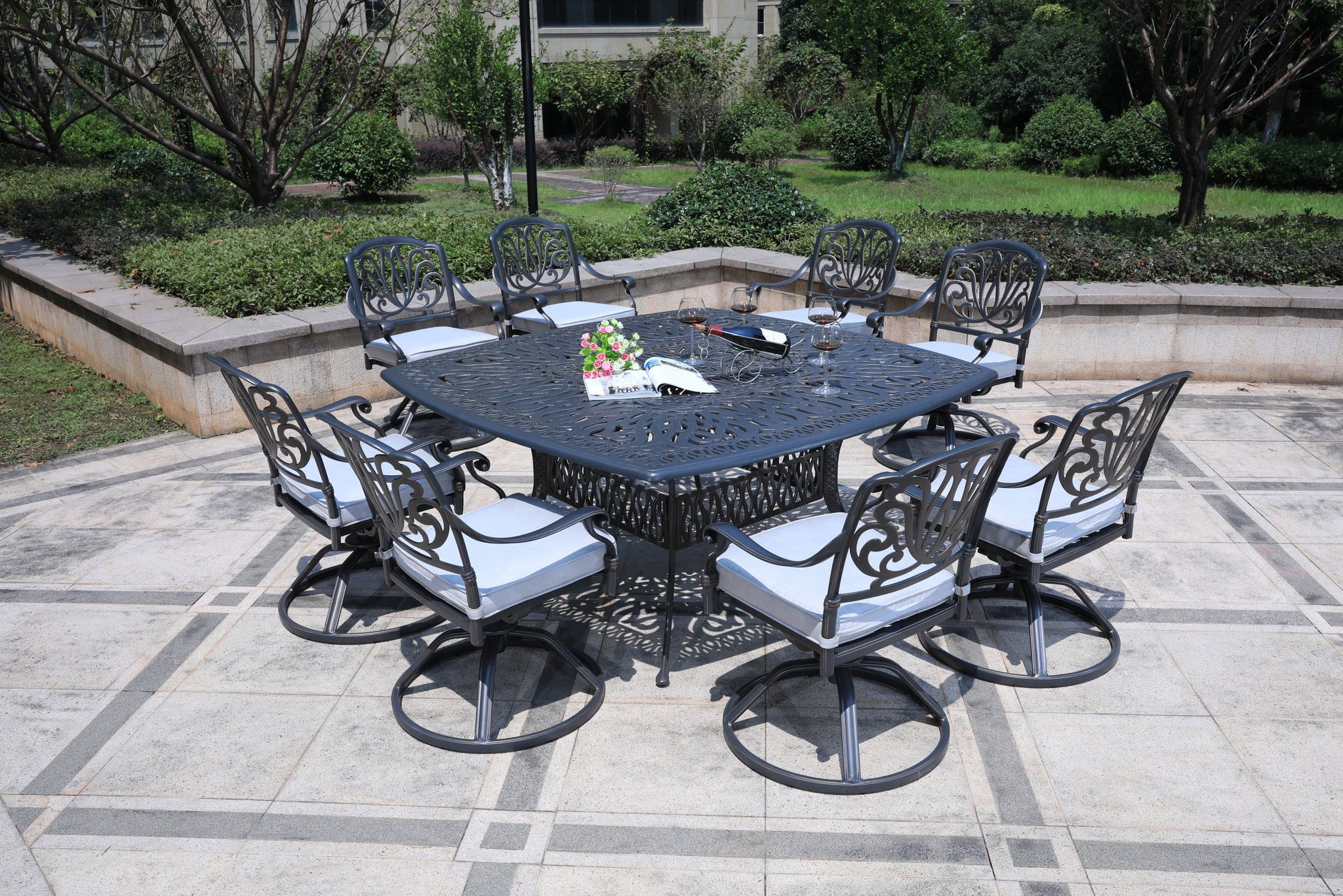 Square 8 Person 64" Long Aluminum Dining Set With Cushions Dark Gray White Polyester Aluminum