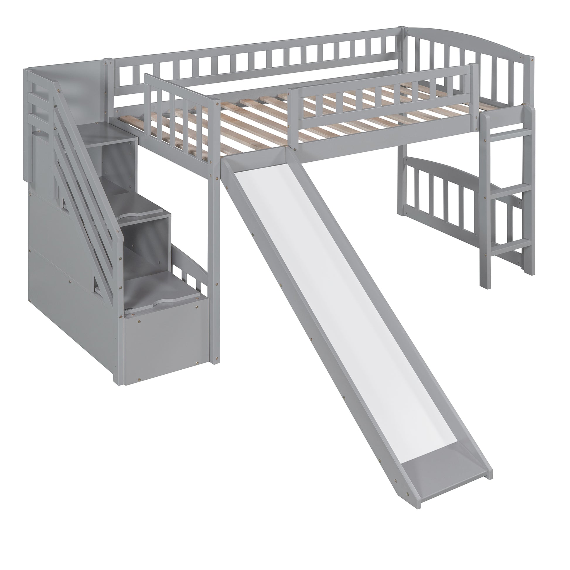 Stairway Twin Size Loft Bed With Two Drawers And Slide, Gray Old Sku:Lp000515Aae Gray Solid Wood