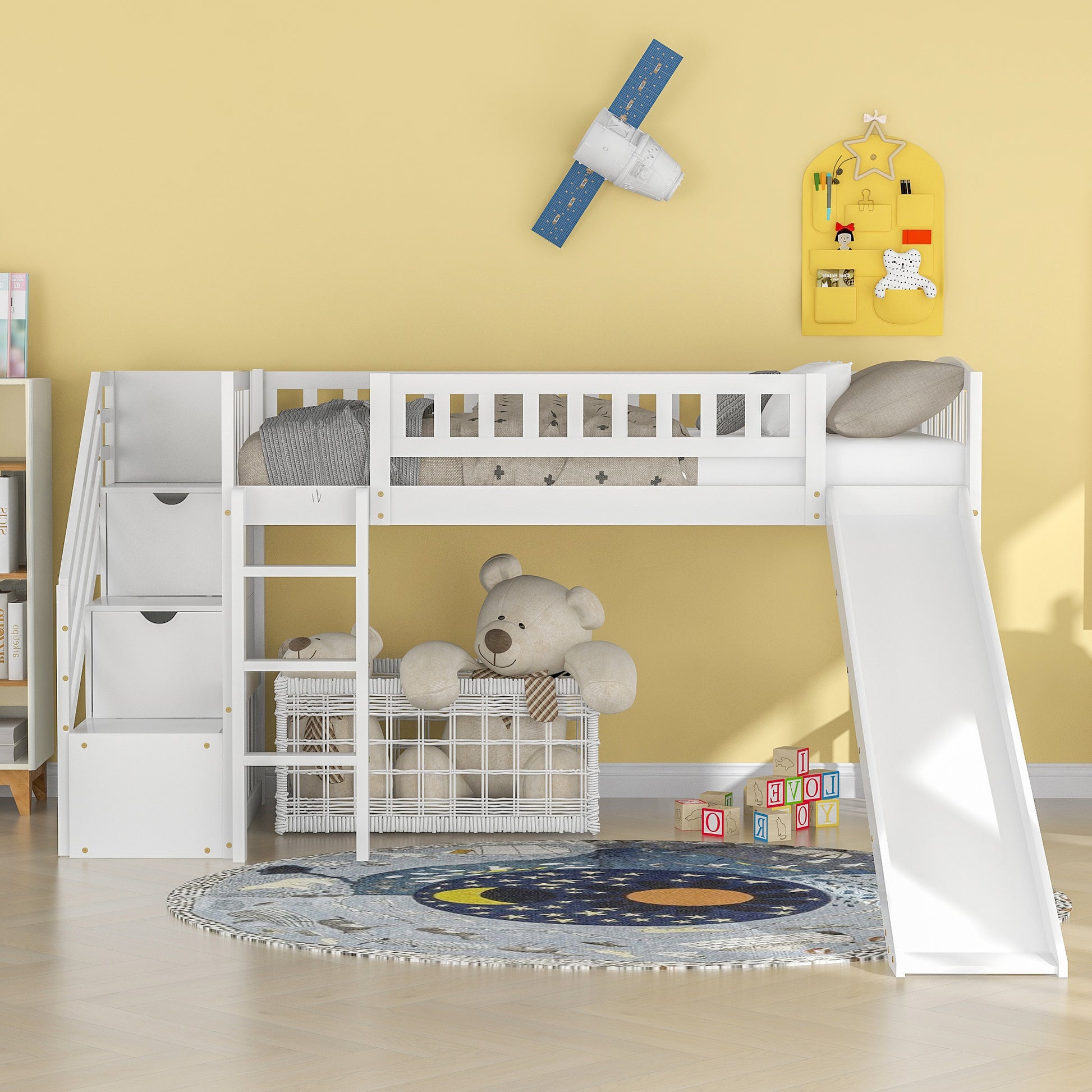 Stairway Twin Size Loft Bed With Two Drawers And Slide, White Old Sku:Lp000515Aak White Solid Wood