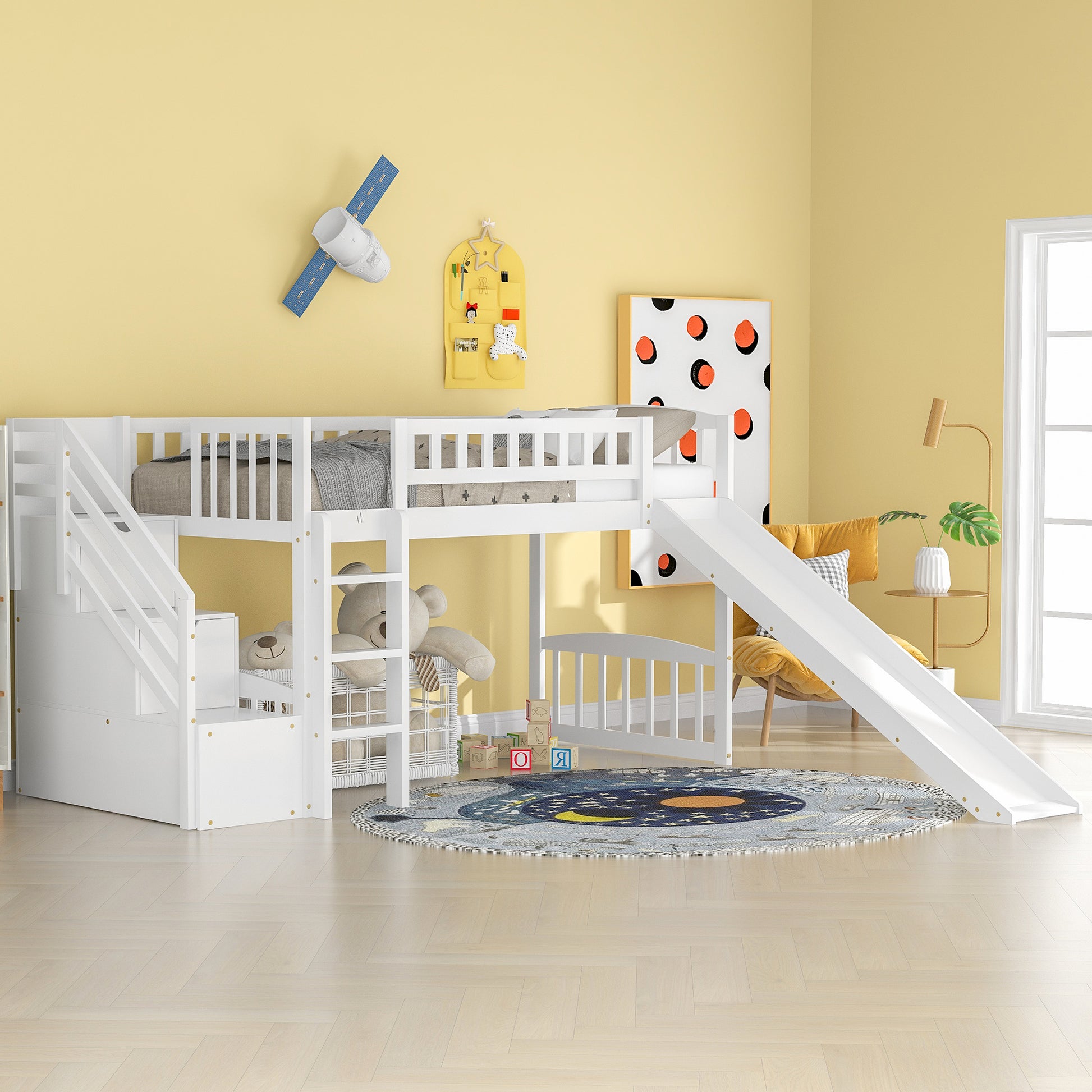 Stairway Twin Size Loft Bed With Two Drawers And Slide, White Old Sku:Lp000515Aak White Solid Wood