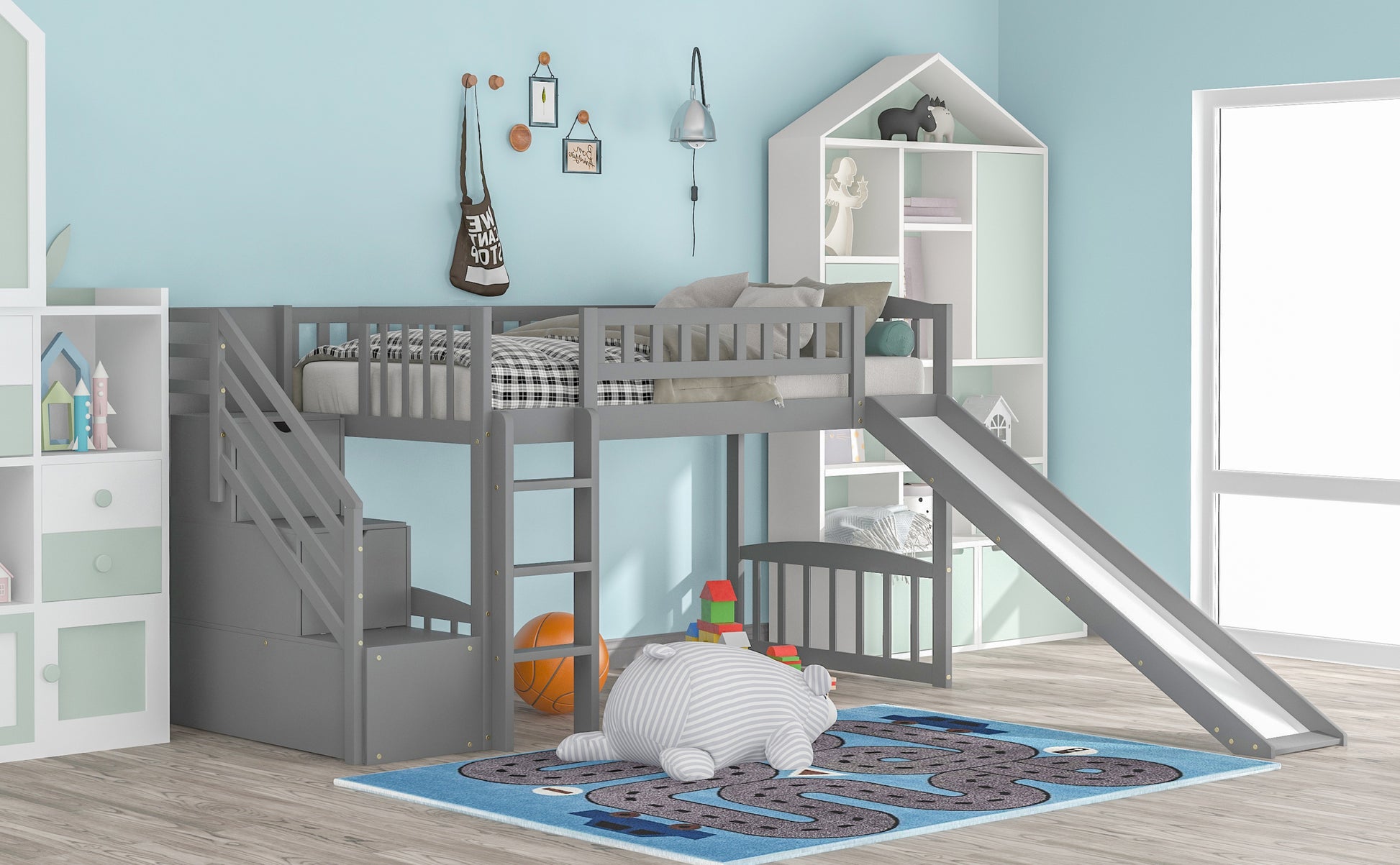 Stairway Twin Size Loft Bed With Two Drawers And Slide, Gray Old Sku:Lp000515Aae Gray Solid Wood