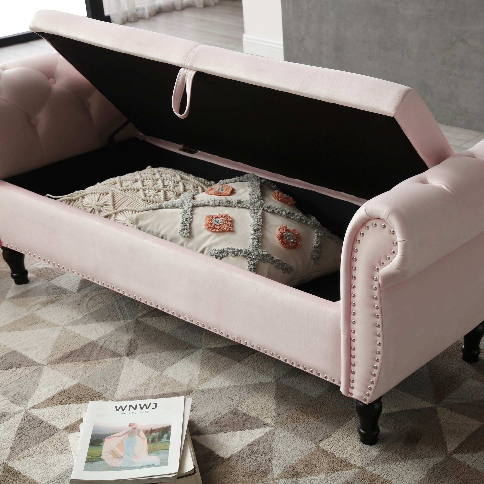 Aijia 63" Velvet Multifunctional Storage Rectangular Sofa Stool Buttons Tufted Trimmed Solid Wood Legs With 1 Pillow,Light Pink Light Pink Velvet