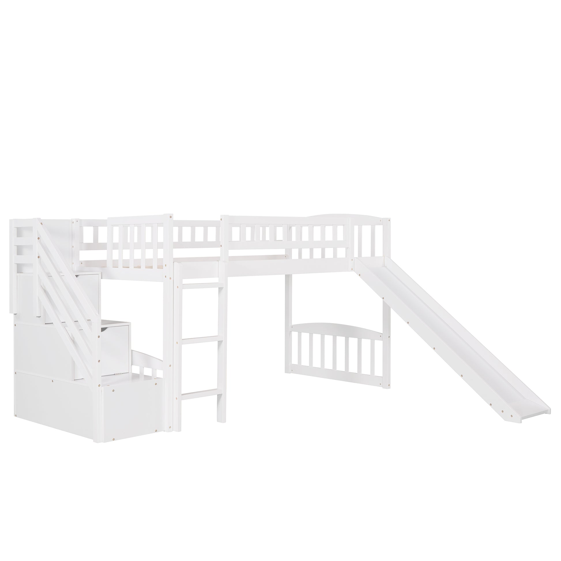 Stairway Twin Size Loft Bed With Two Drawers And Slide, White Old Sku:Lp000515Aak White Solid Wood