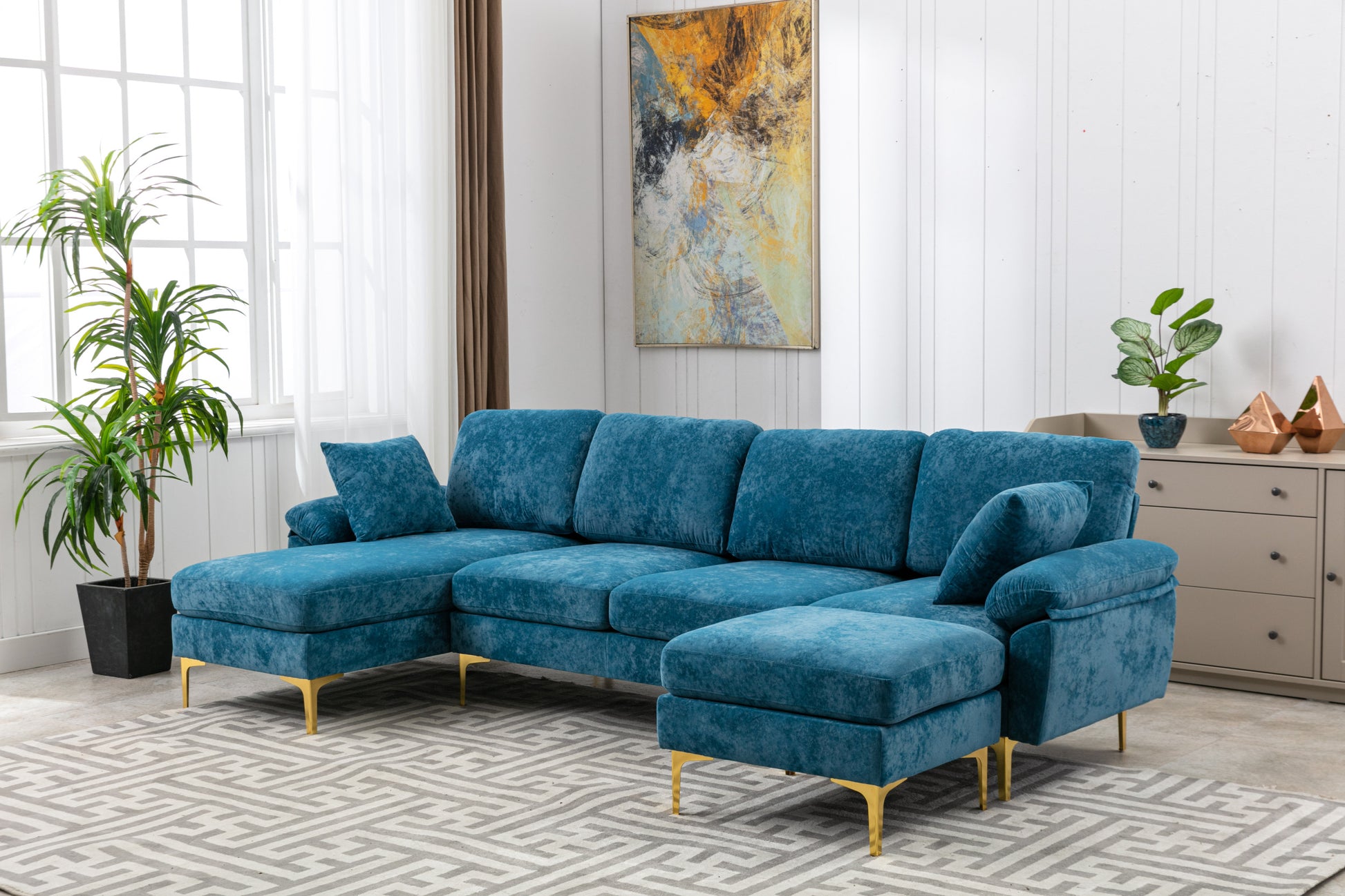 Coolmore U Shape Sectional Sofa With Ottomanreversible Sofa Couch For Living Room,Spacious Furniture,Durable Couch Removable And Machine Washable Cover Light Blue Velvet Light Blue Foam Polyester 4 Seat