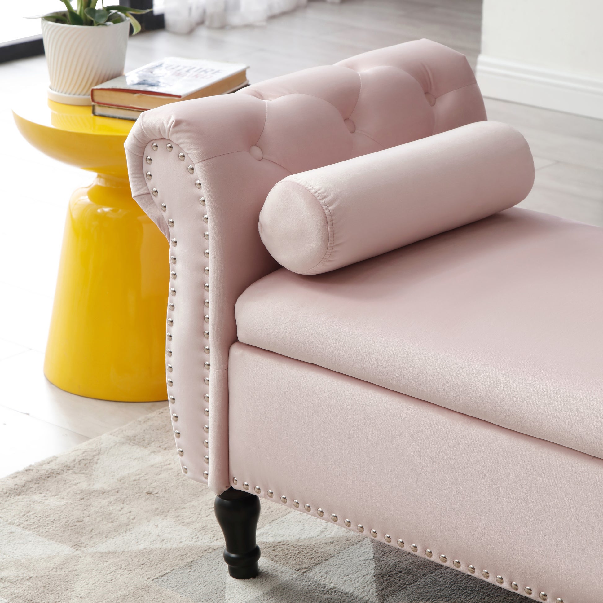 Aijia 63" Velvet Multifunctional Storage Rectangular Sofa Stool Buttons Tufted Trimmed Solid Wood Legs With 1 Pillow,Light Pink Light Pink Velvet