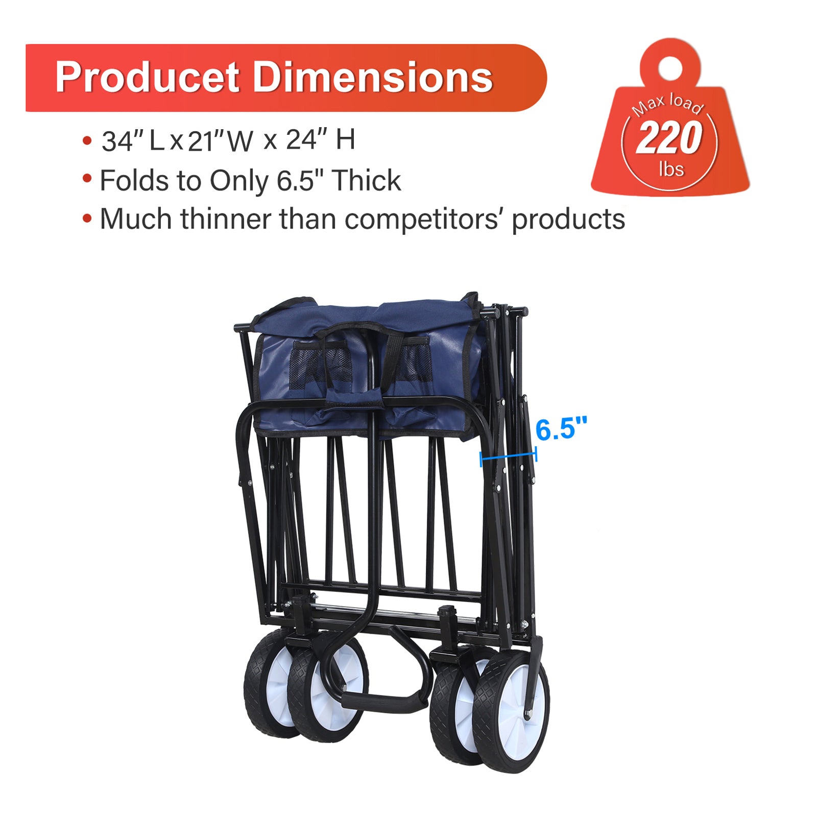 Yssoa Rolling Collapsible Garden Cart Camping Wagon, With 360 Degree Swivel Wheels & Adjustable Handle, 220Lbs Weight Capacity,Blue Blue Steel