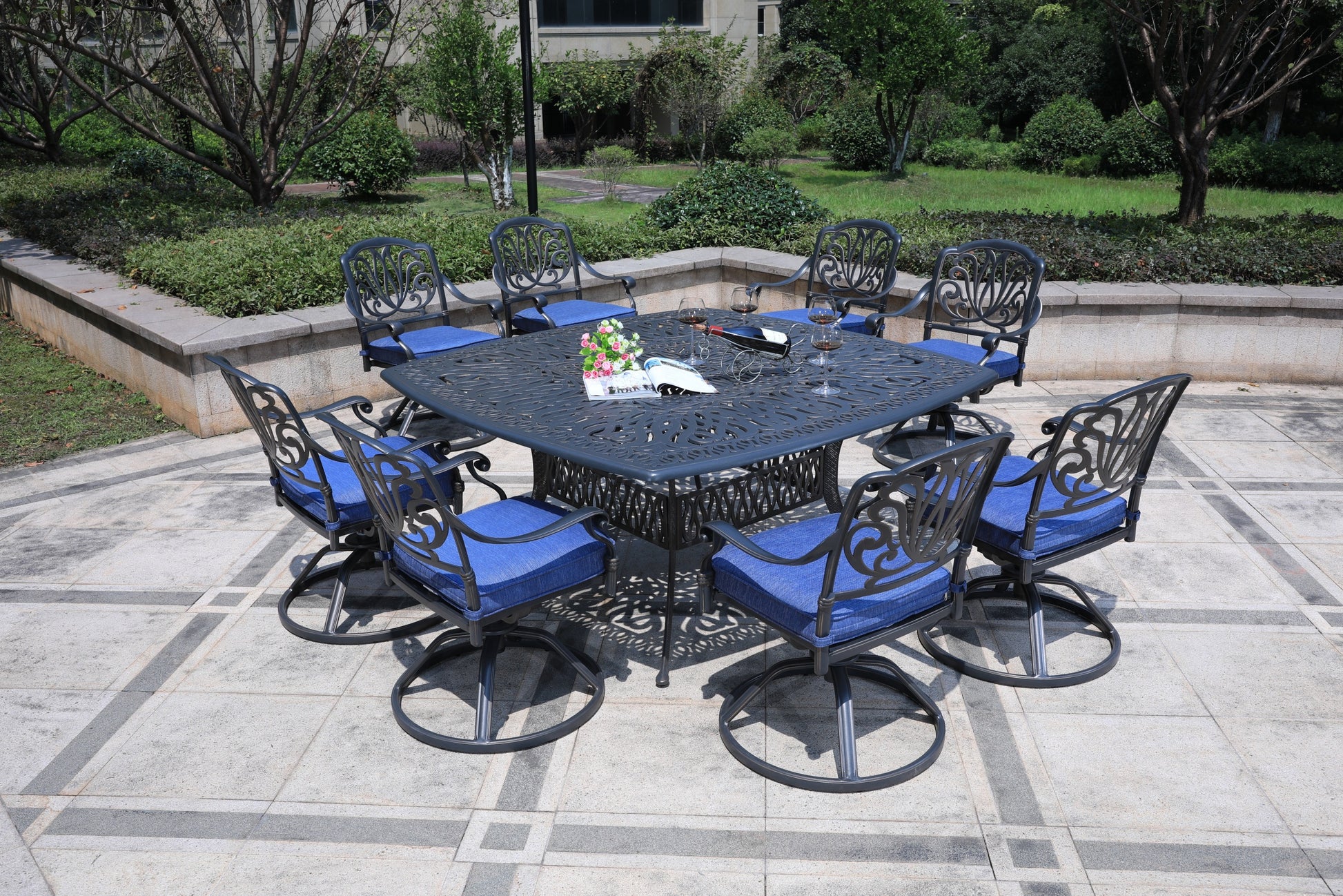 Square 8 Person 64" Long Aluminum Dining Set With Cushions Gray Navy Polyester Aluminum