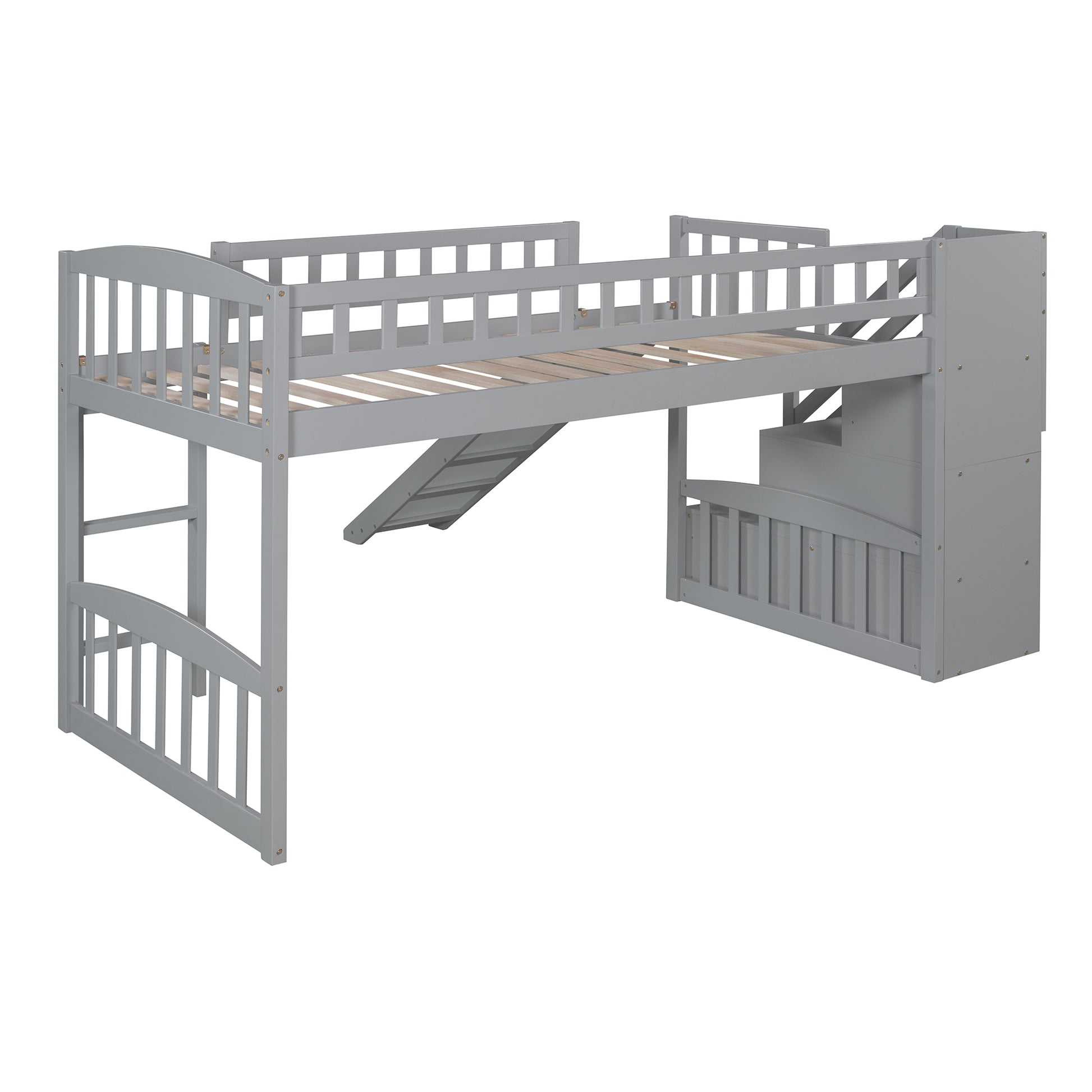 Stairway Twin Size Loft Bed With Two Drawers And Slide, Gray Old Sku:Lp000515Aae Gray Solid Wood