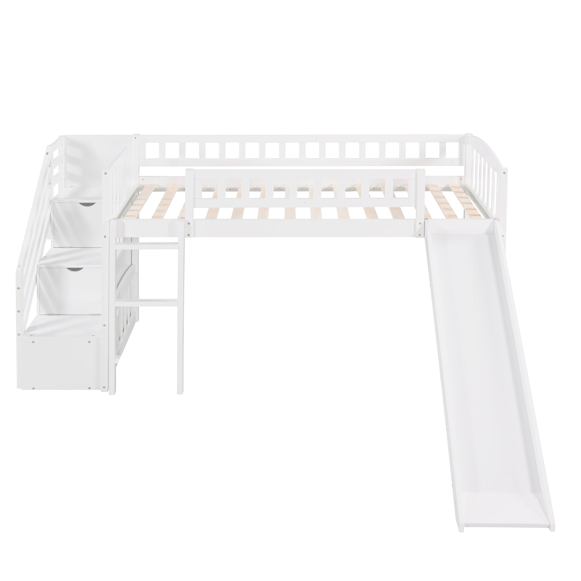 Stairway Twin Size Loft Bed With Two Drawers And Slide, White Old Sku:Lp000515Aak White Solid Wood