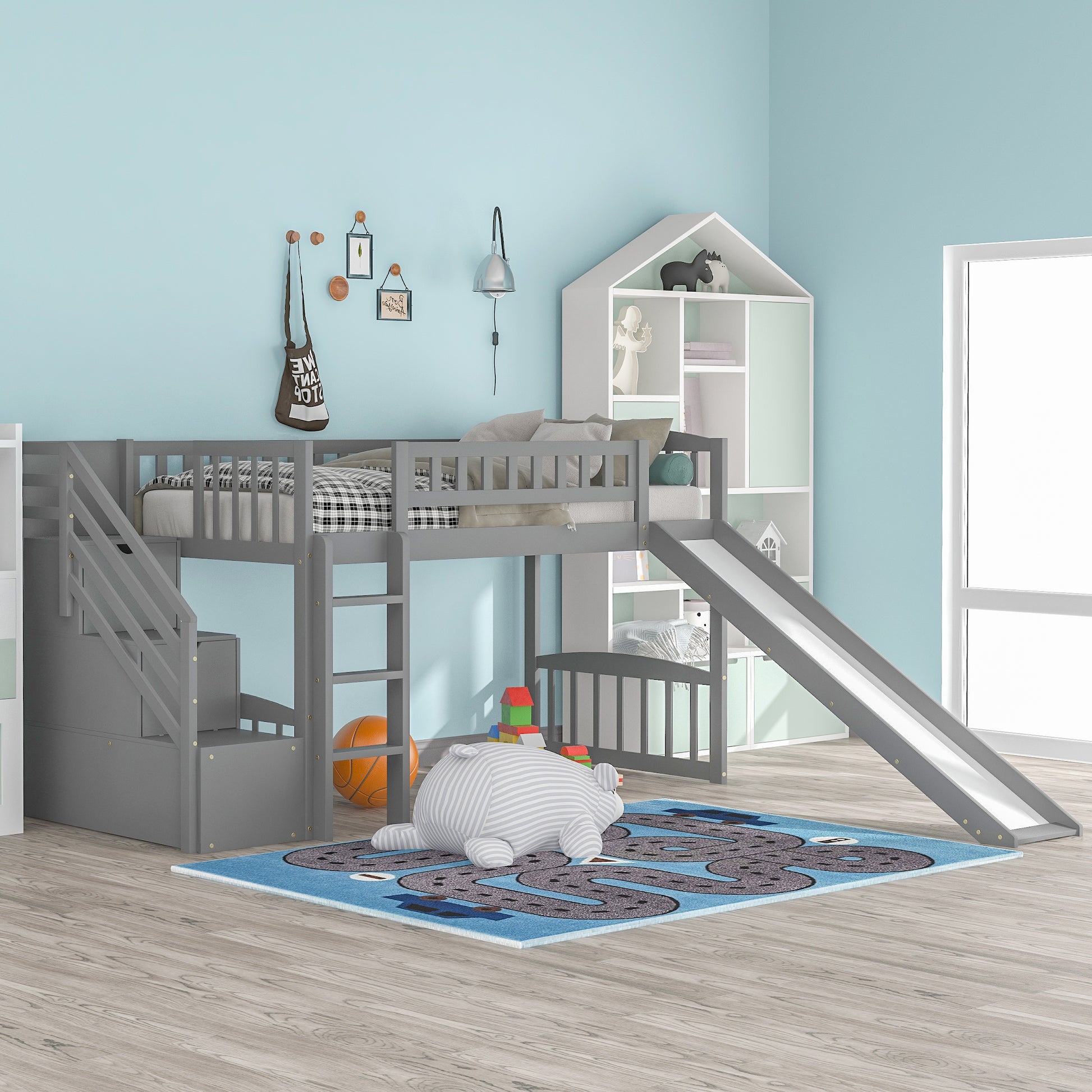 Stairway Twin Size Loft Bed With Two Drawers And Slide, Gray Old Sku:Lp000515Aae Gray Solid Wood