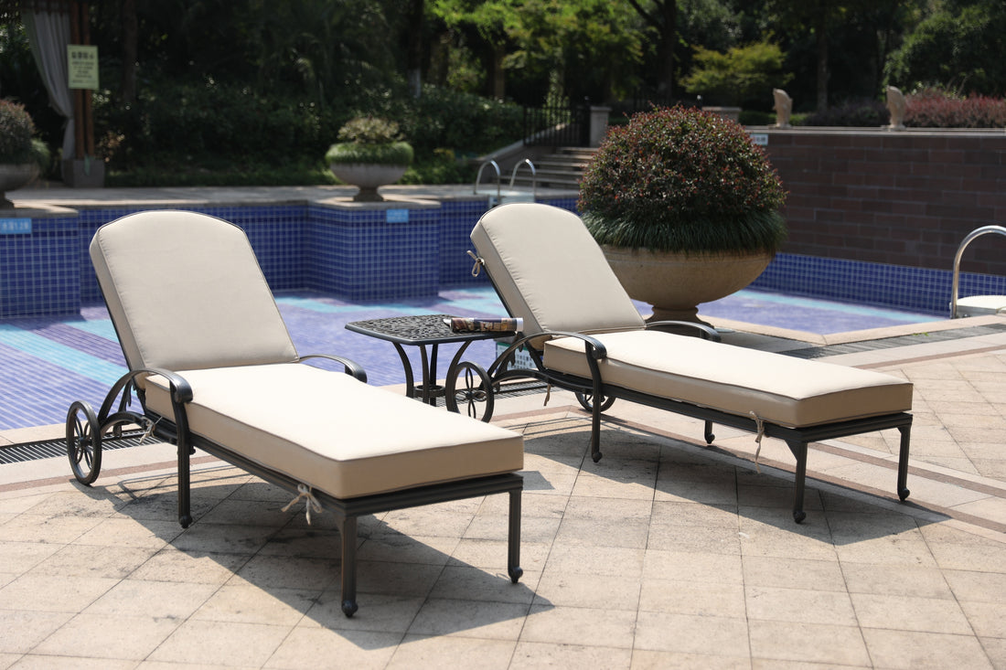 87" Long Reclining Chaise Lounge Set With Sunbrella Cushion And Table Grey Ivory Polyester Aluminum