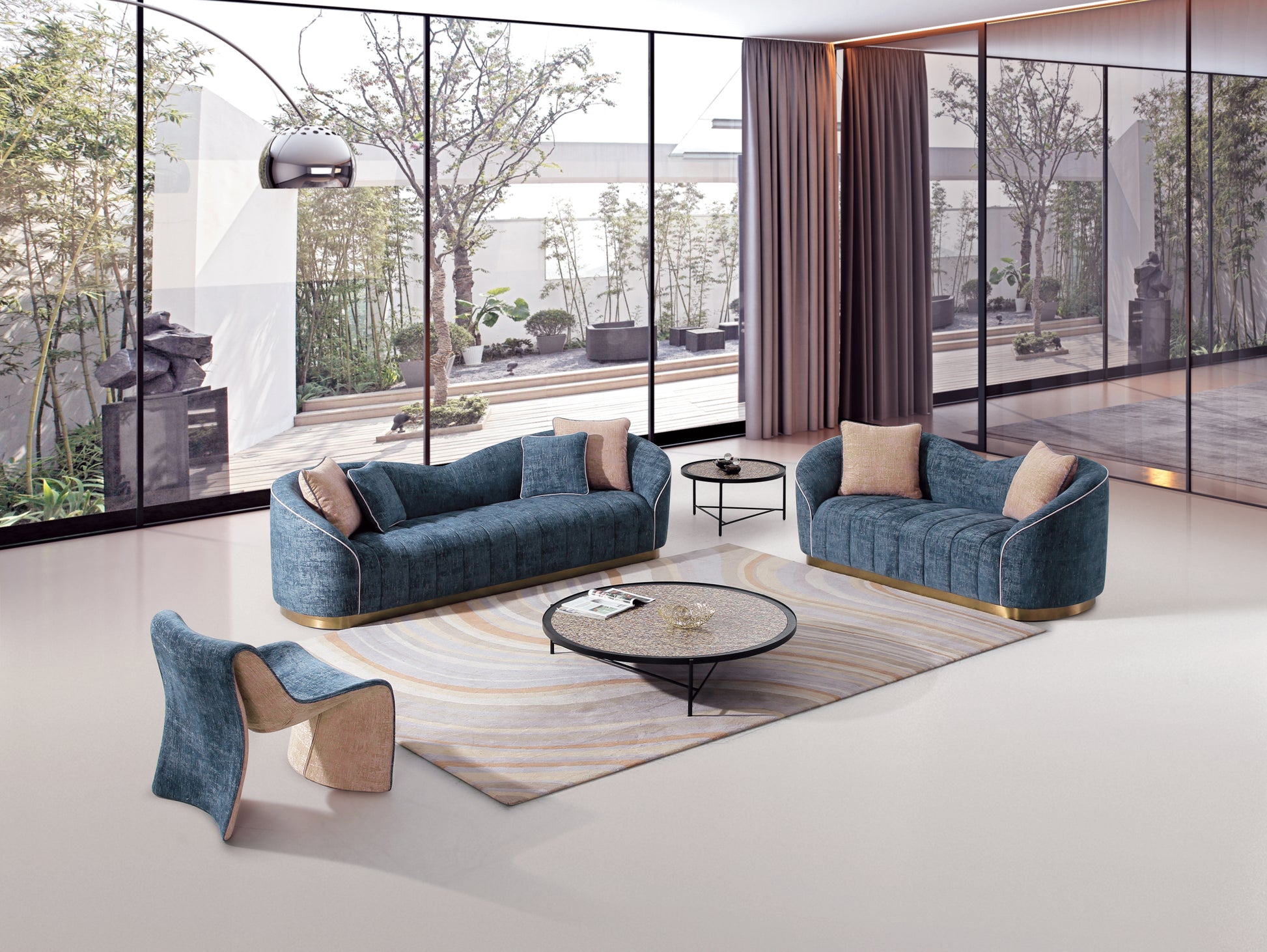 Modern Living Room 4 Seater Sofa Navy Blue Polyester