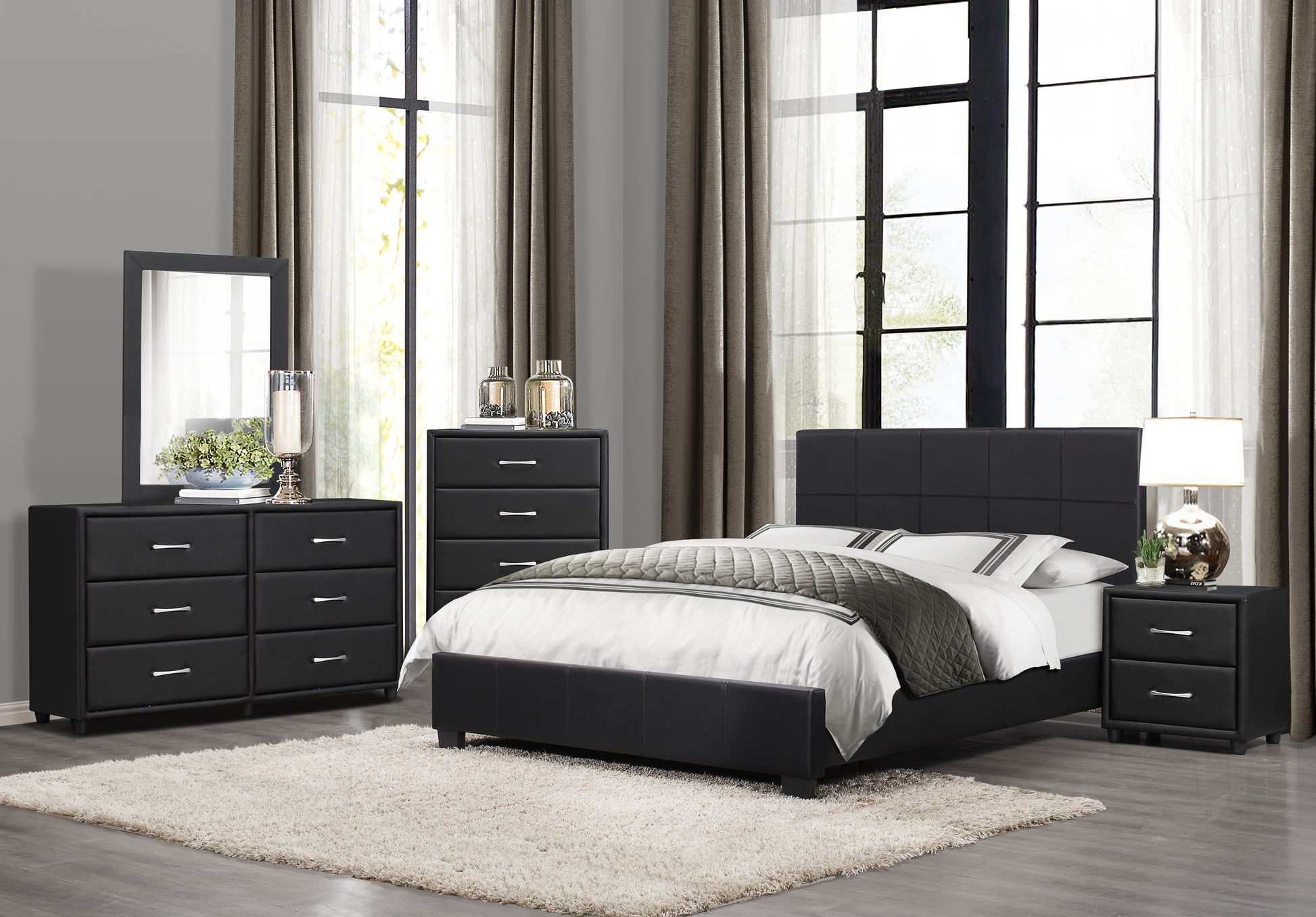 Contemporary Design 1Pc Queen Bed Black Faux Leather Upholstered Stylish Bedroom Furniture Box Spring Not Required Queen Black Bedroom Contemporary Faux Leather Plywood