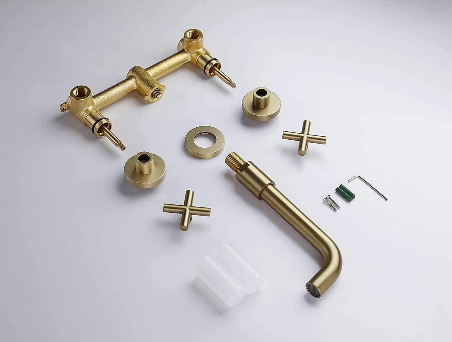 Double Handle Wall Mount Bathroom Faucet Brushed Gold Brushed Gold Brass