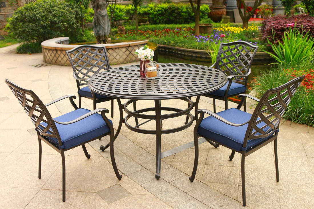 Round 4 Person 49" Long Aluminum Dining Set With Cushions Navy Blue Polyester Aluminum