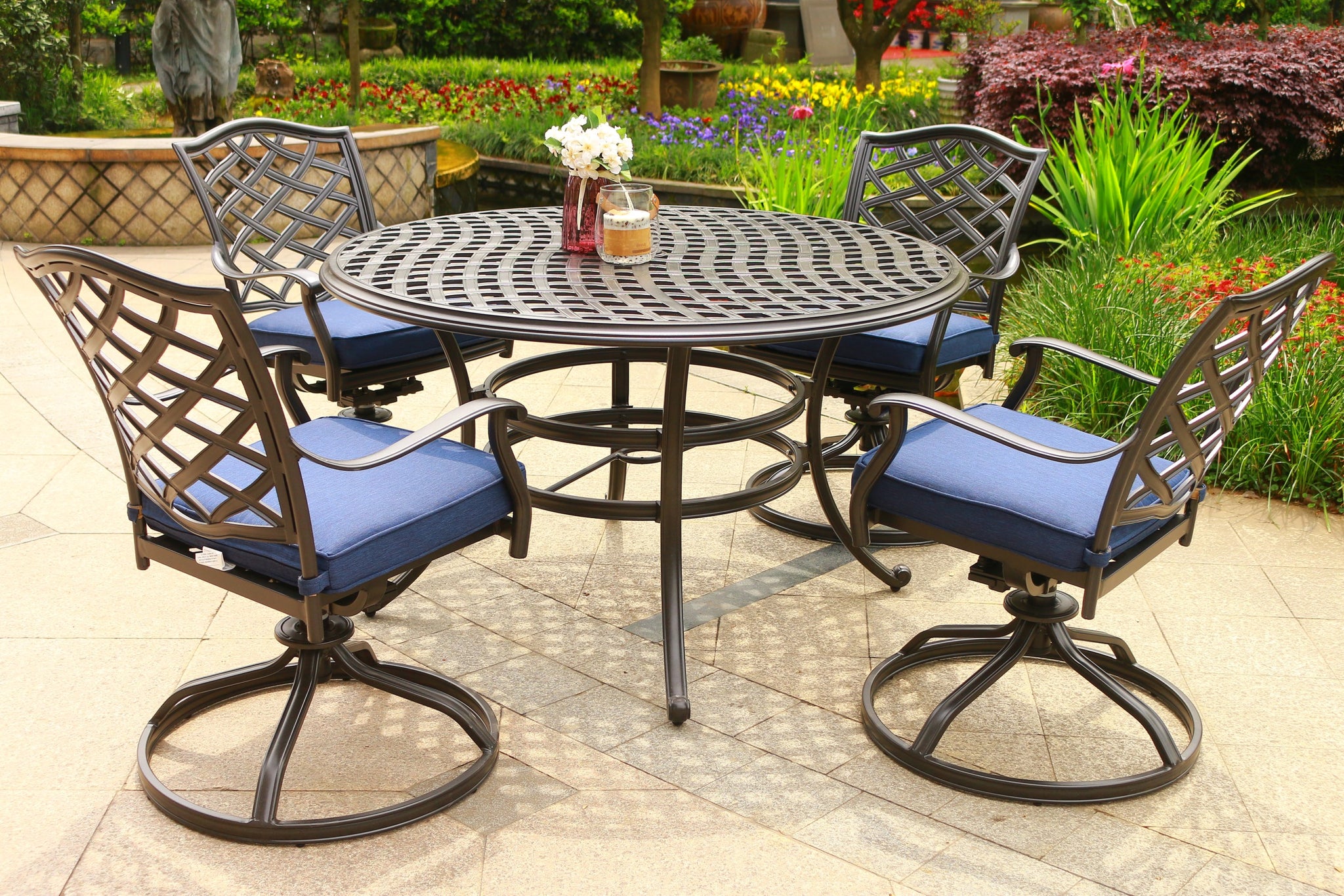 Round 4 Person 49" Long Aluminum Dining Set With Cushions Navy Blue Polyester Aluminum