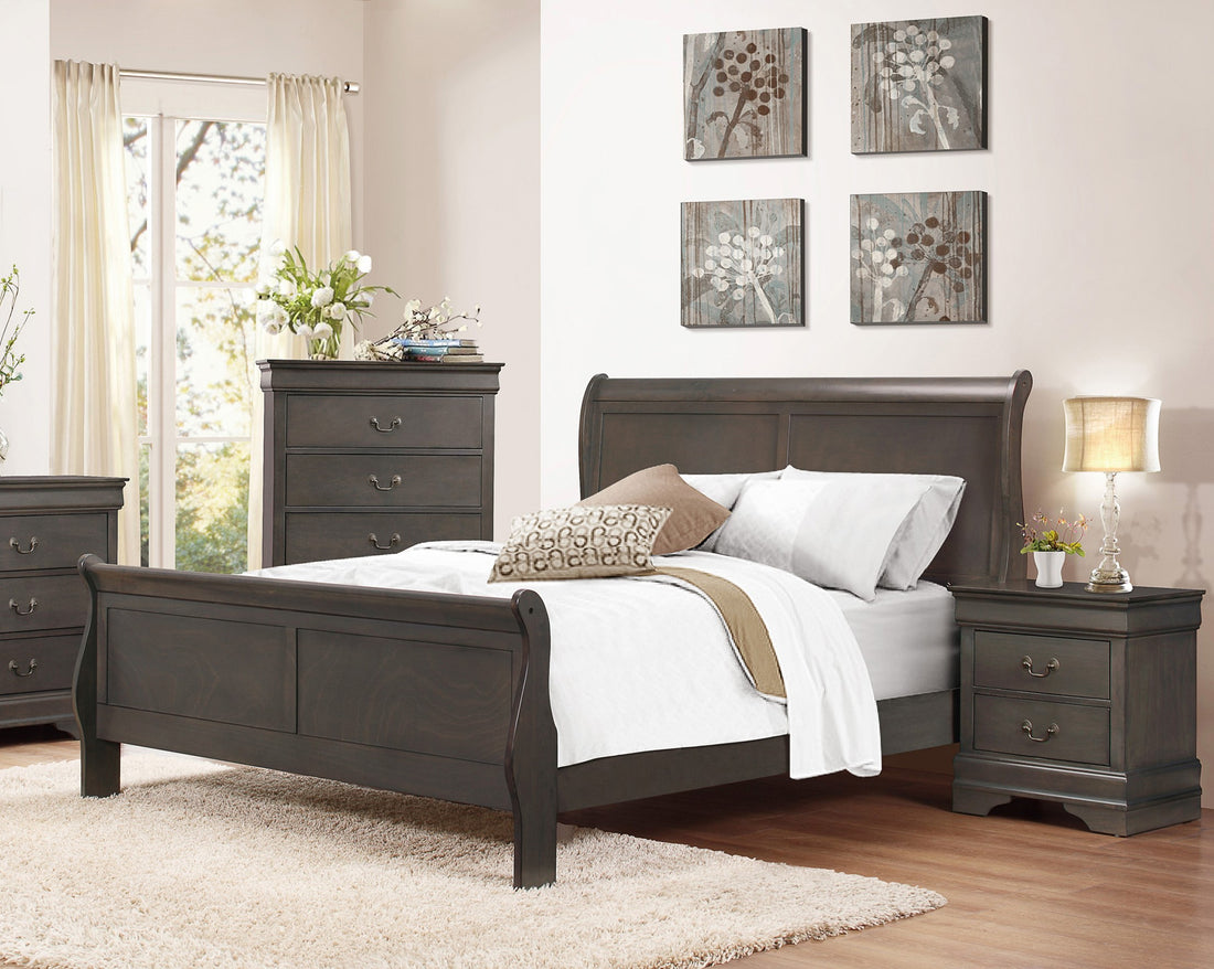 Stained Gray Finish Louis Philippe Style 1Pc Queen Size Sleigh Bed Traditional Design Queen Gray Bedroom Traditional Wood