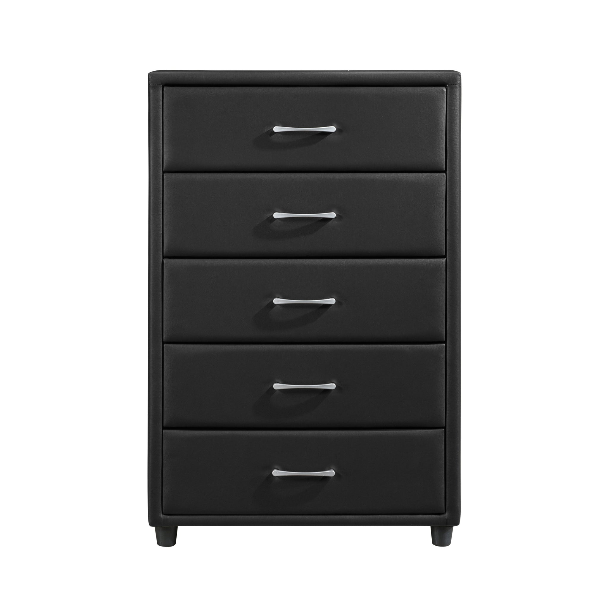 Contemporary Durable Black Faux Leather Covering 1Pc Chest Of Drawers Silver Tone Bar Pulls Stylish Furniture Black Bedroom Contemporary Plywood