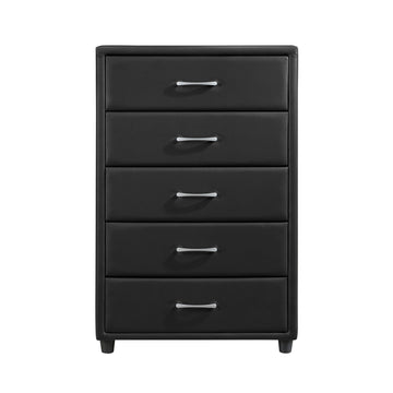 Contemporary Durable Black Faux Leather Covering 1Pc Chest Of Drawers Silver Tone Bar Pulls Stylish Furniture Black Bedroom Contemporary Plywood