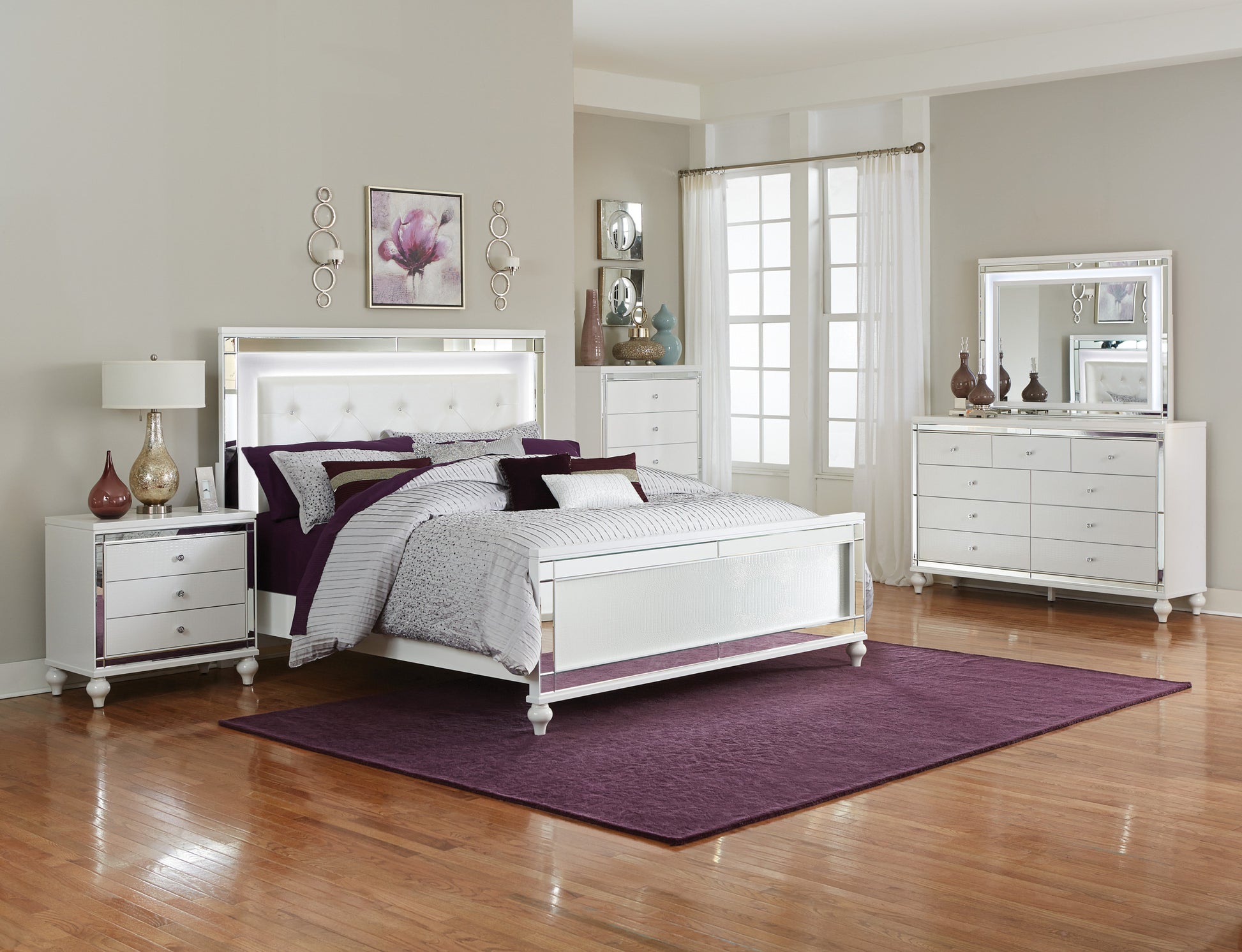 Metallic White Finish Queen Bed Led Headboard Button Tufted Modern Glam Bedroom Furniture Box Spring Required Queen White Wood Bedroom Glam,Modern Faux Leather Wood