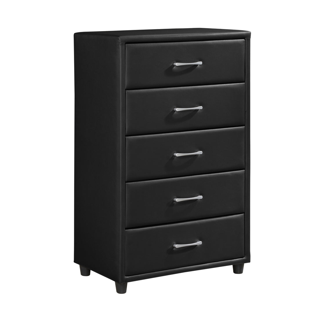 Contemporary Durable Black Faux Leather Covering 1Pc Chest Of Drawers Silver Tone Bar Pulls Stylish Furniture Black Bedroom Contemporary Plywood