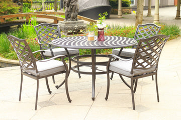 Round 4 Person 49" Long Aluminum Dining Set With Sunbrella Cushions Brown Grey Polyester Aluminum