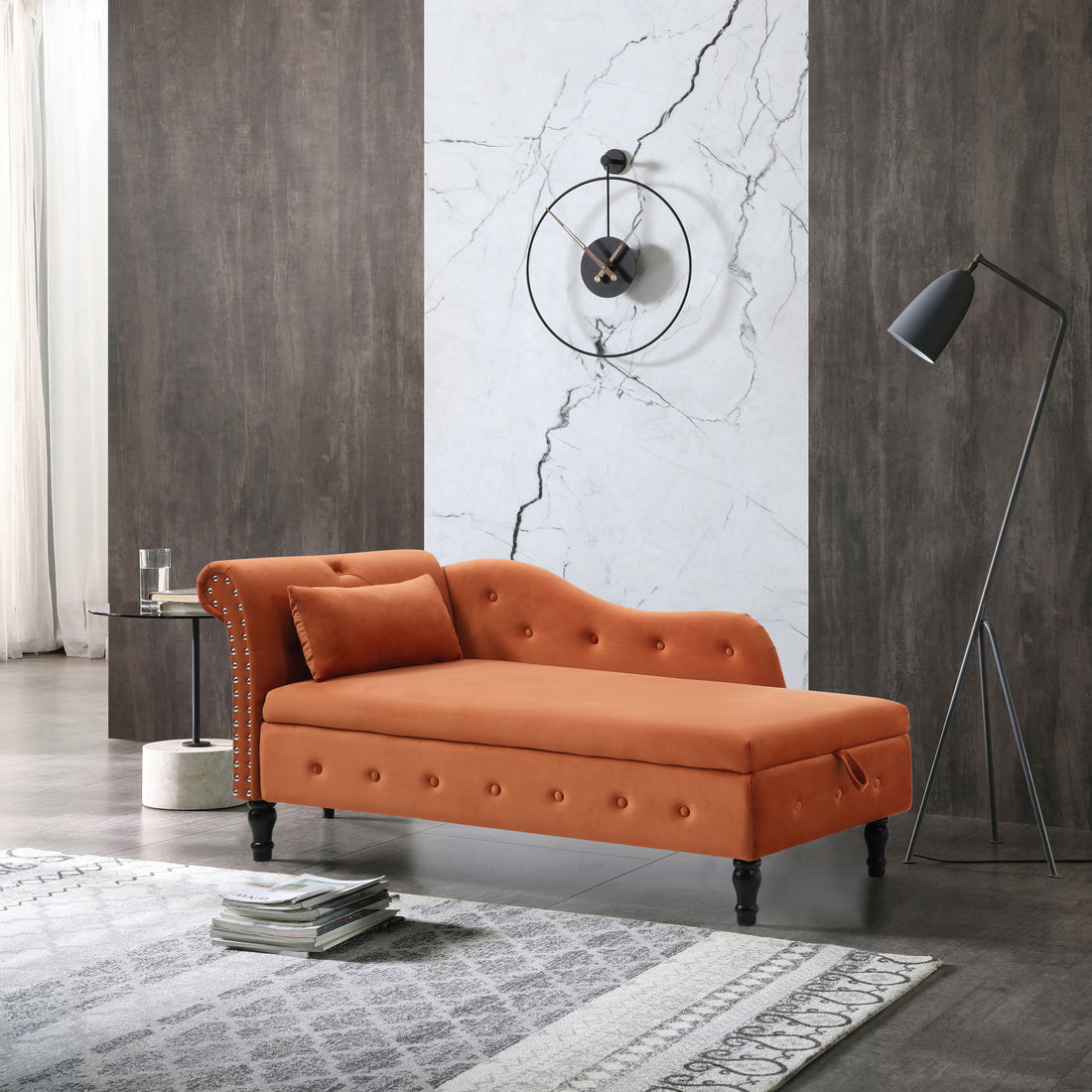 Aijia 60" Velvet Multifunctional Storage Chaise Lounge Buttons Tufted Trimmed Solid Wood Legs With 1 Pillow,Orange Orange Velvet