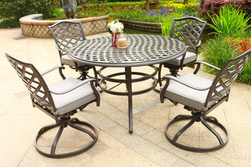 Round 4 Person 49" Long Aluminum Dining Set With Sunbrella Cushions Brown Grey Polyester Aluminum