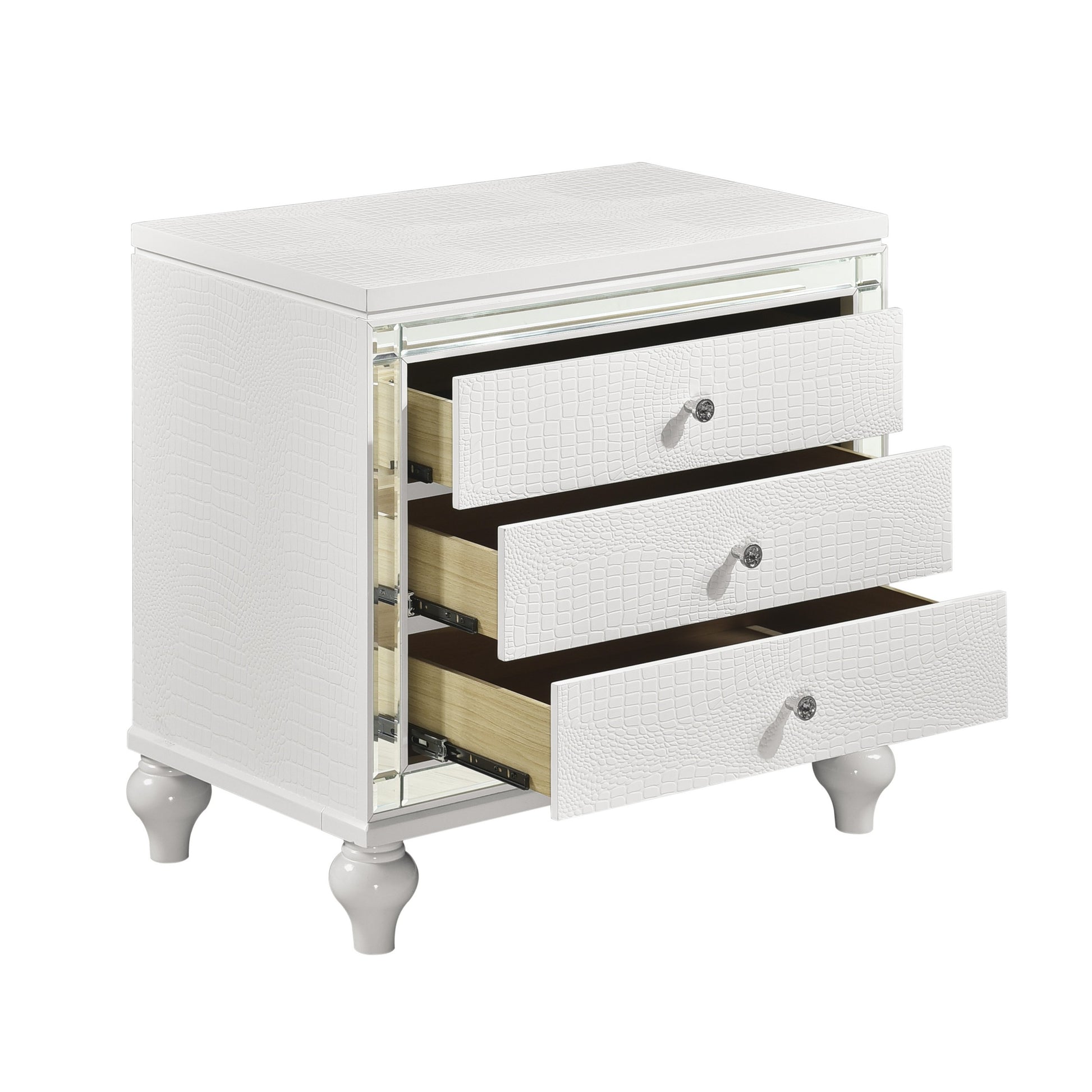 Glamorous Metallic White Finish 1Pc Nightstand Of 3X Drawers Faux Alligator Embossed Front Modern Bed Side Table White 3 Drawers Bedroom Wood