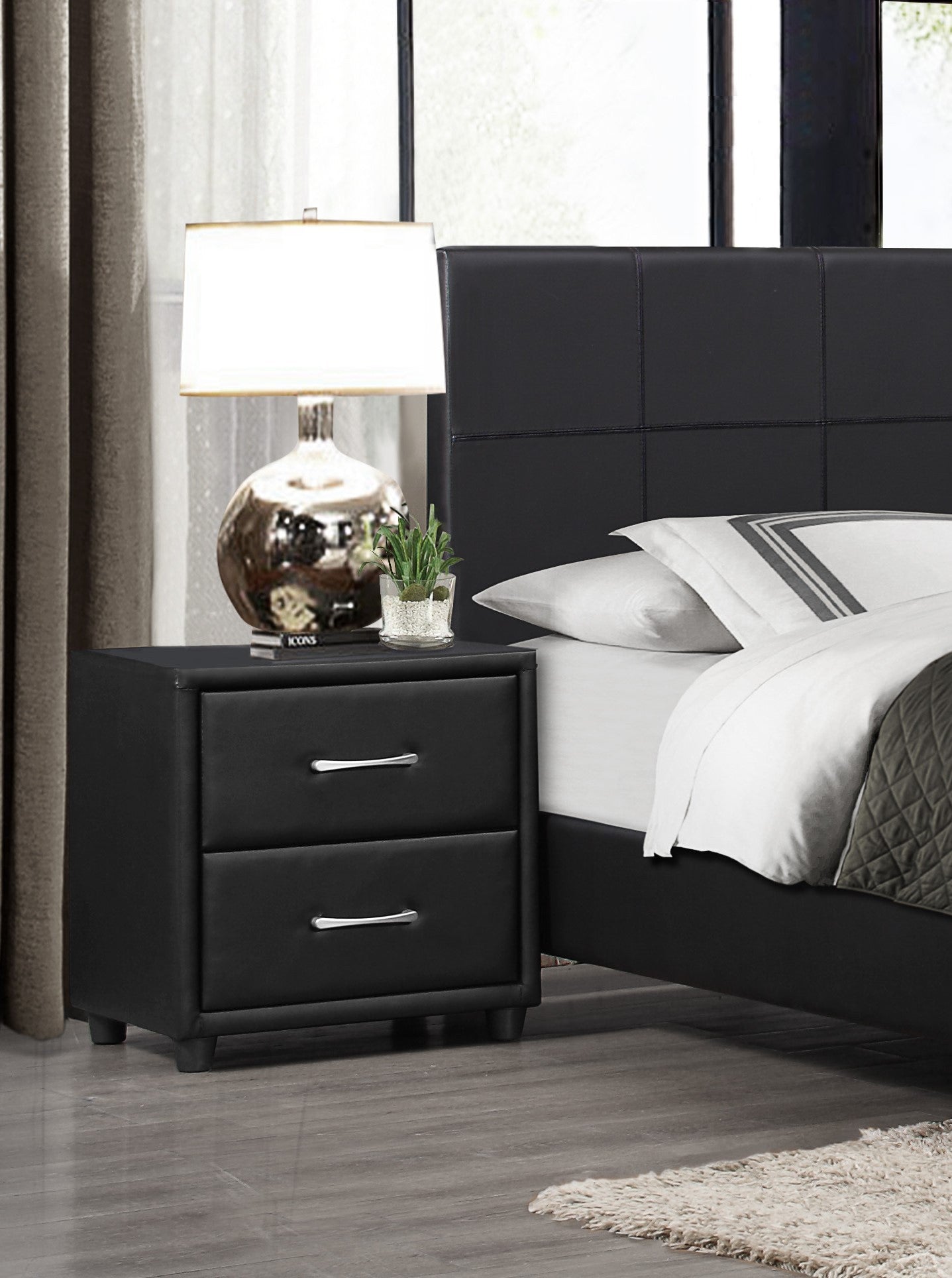 Contemporary Durable Black Faux Leather Covering 1Pc Nightstand Of Drawers Silver Tone Bar Pulls Stylish Furniture Black 2 Drawers Bedroom Contemporary,Traditional Plywood