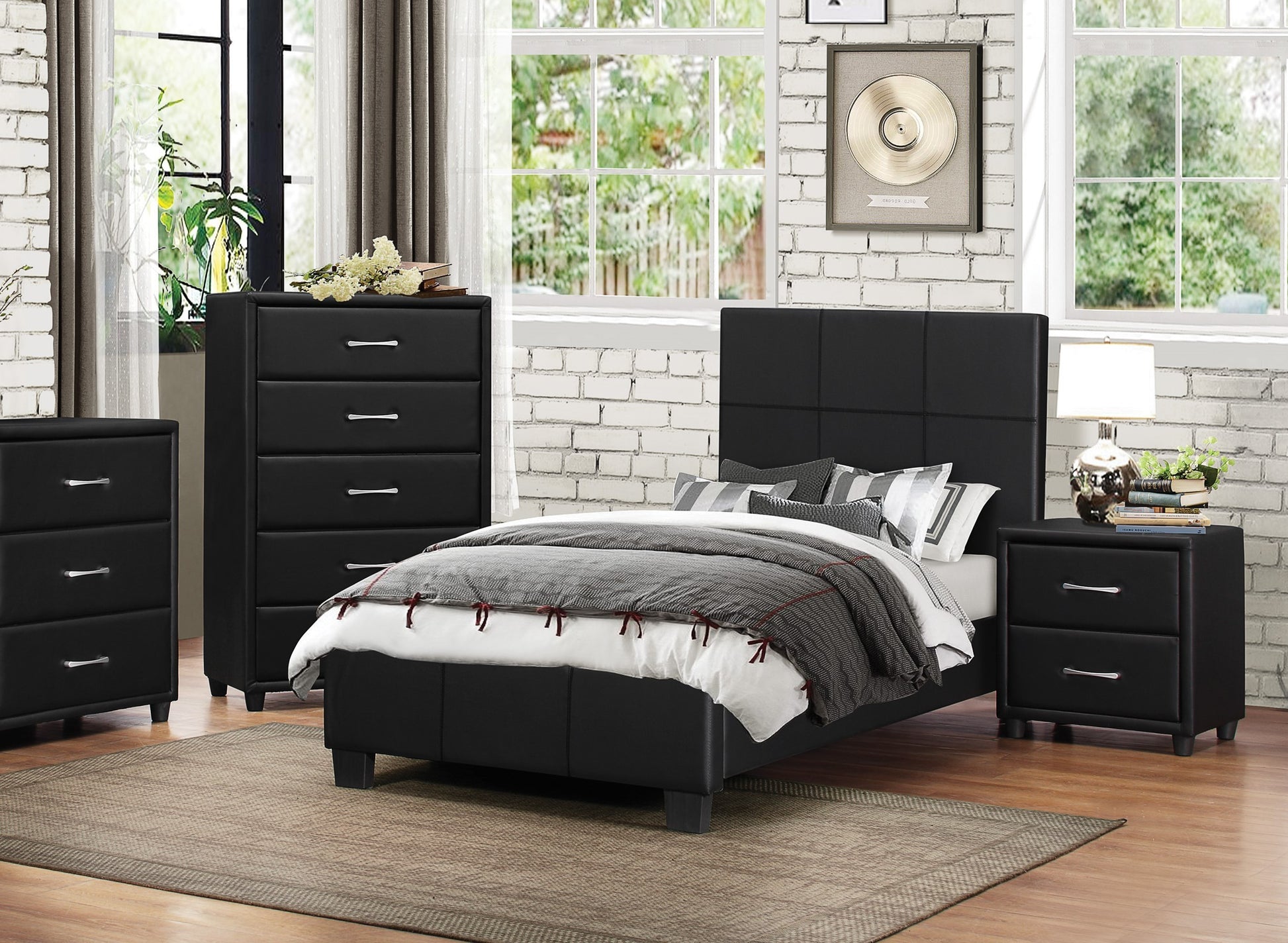 Contemporary Durable Black Faux Leather Covering 1Pc Chest Of Drawers Silver Tone Bar Pulls Stylish Furniture Black Bedroom Contemporary Plywood