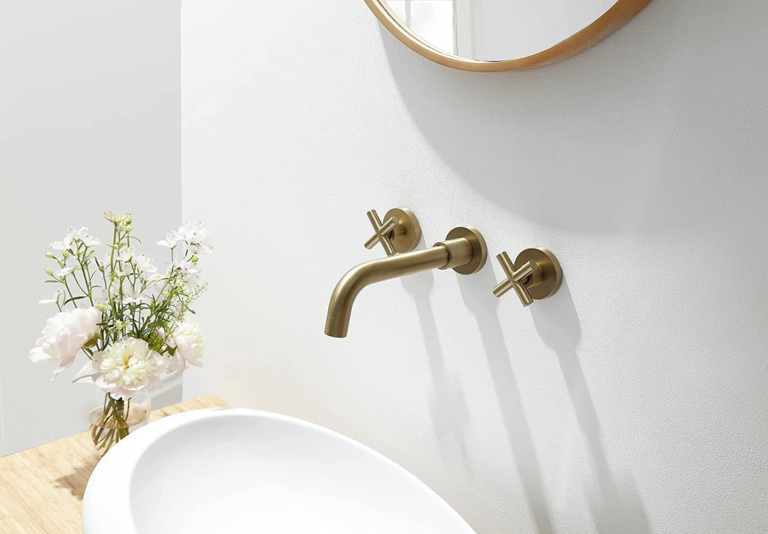 Double Handle Wall Mount Bathroom Faucet Brushed Gold Brushed Gold Brass